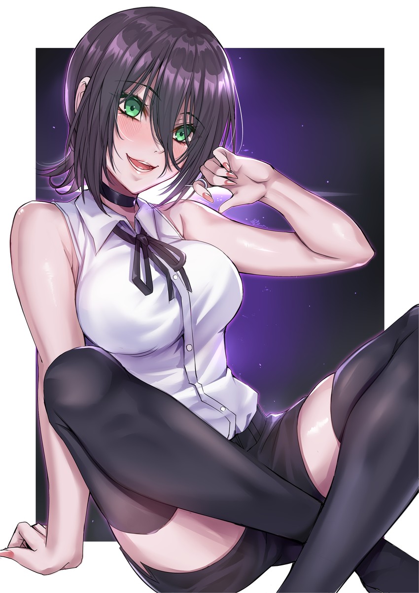 :d absurdres ass black_hair black_legwear blush breasts chainsaw_man choker female green_eyes gu_li hair_between_eyes highres open_mouth reze_(chainsaw_man) short_hair shorts sitting sitting_indian_style sleeveless smile solo teeth thighhighs zettai_ryouiki