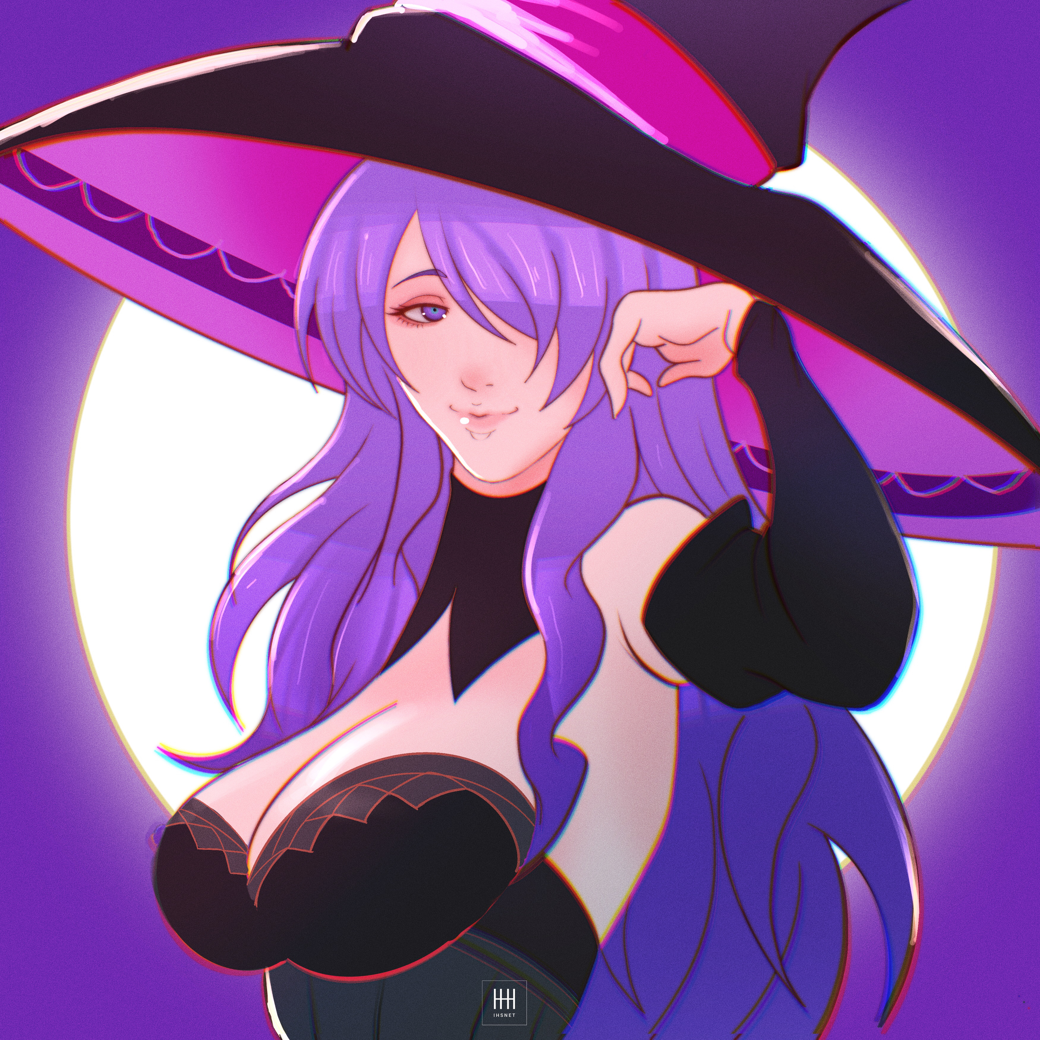 1girls, big breasts, breasts, camilla (fire emblem), cleavage, female, fire emblem, fire emblem fates, full moon, halloween, halloween costume, ihsnet, large breasts, lips, long hair, looking at viewer, moon, nintendo, one eye covered, purple eyes, purple hair, smile, solo, solo female, witch, witch hat