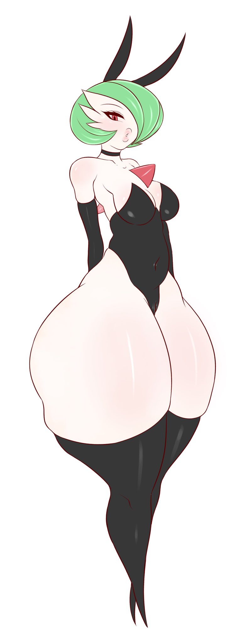 1girls, anthro, blush, breasts, bunny ears, bunnysuit, eye contact, female, female pokemon, gardevoir, green hair, huge thighs, leotard, lipstick, looking at viewer, nintendo, pokemon, pokemon (species), pokemon rse, red eyes, saltyxodium, standing, thick lips, thick thighs, thigh gap, thighhighs, thighs, white background, white skin