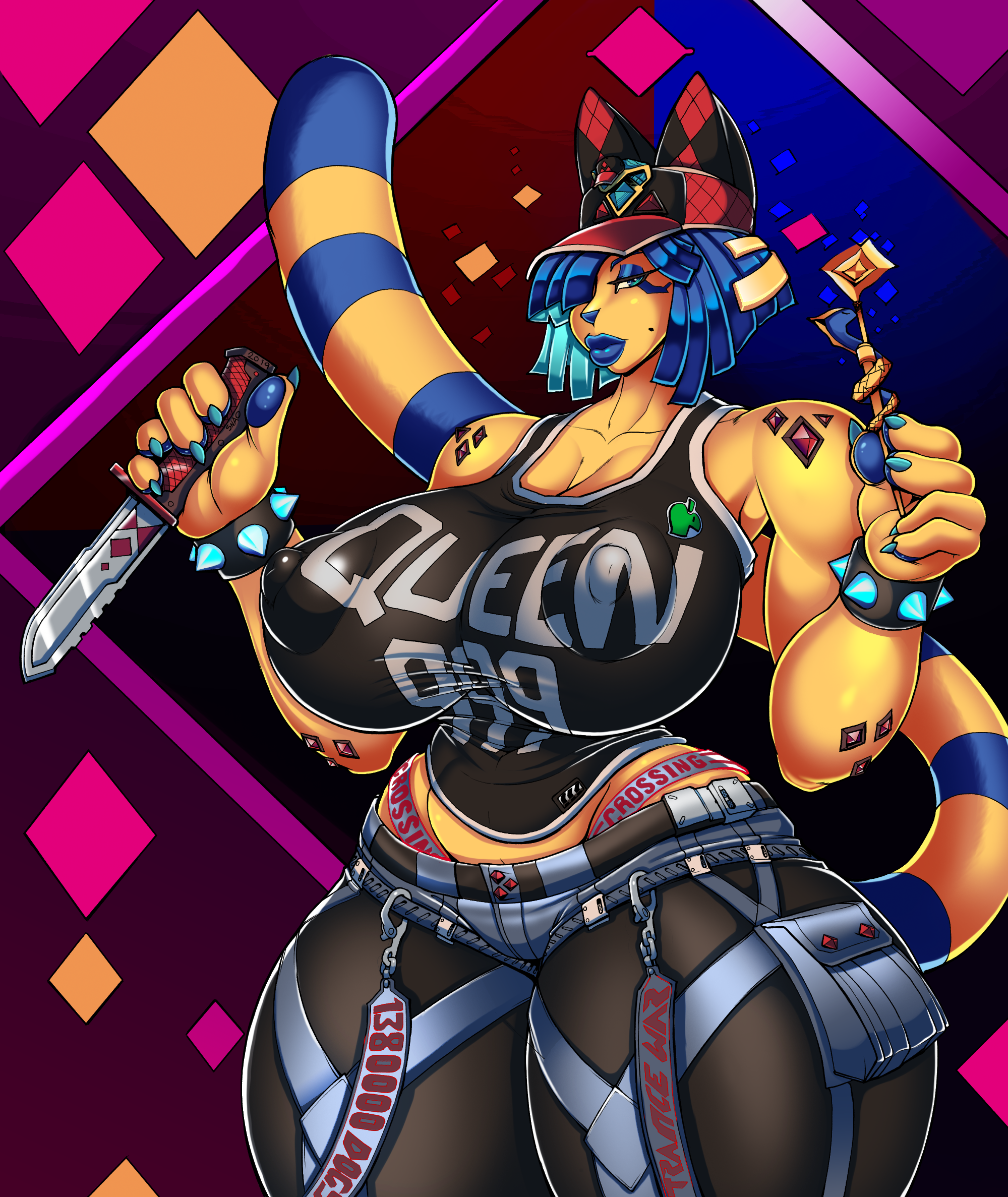 1girls, 2020, animal crossing, ankha, anthro, big breasts, black tank top, blue eyes, blue hair, blue lips, blue lipstick, blue nose, blue tail, bracelet, breasts, cap, cat ears, cat humanoid, cat tail, cleavage, clothed, clothes, clothing, curvaceous, curvy, curvy body, curvy female, curvy figure, curvy hips, detailed background, domestic cat, felid, feline, felis, female, hair over one eye, hi res, holding knife, holding object, huge breasts, jewel, jewelry, jewels, knife, looking at viewer, mammal, mole, multicolored tail, nintendo, nipple bulge, nipple outline, red cap, snao, solo, spiked bracelet, spiked bracelets, tank top, text, text on clothing, text on tank top, text on topwear, thick hips, thick lips, thong, tight clothes, tight clothing, tight jeans, tight pants, tisinrei, video games, voluptuous, wide hips, yellow skin, yellow tail