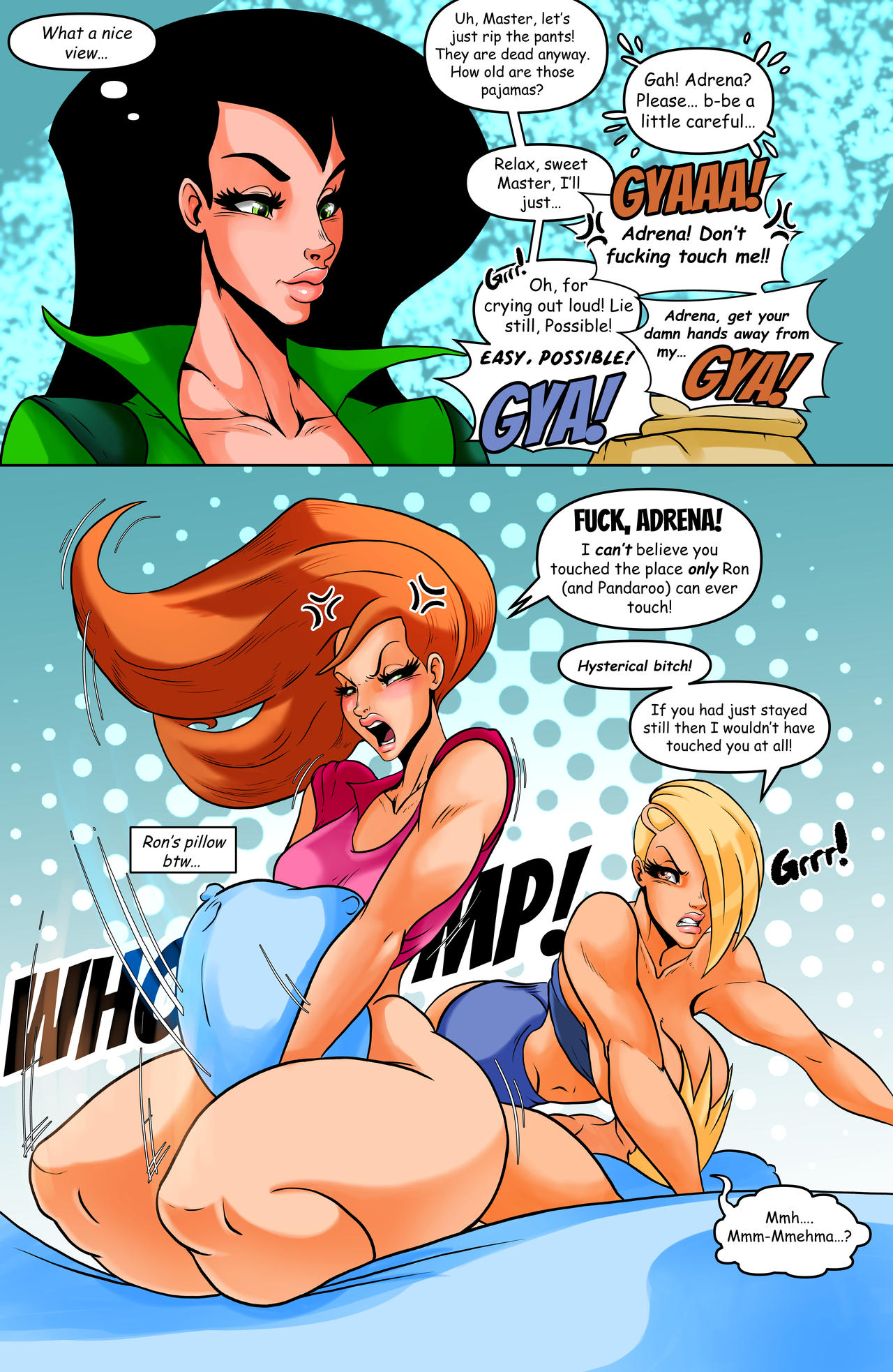 1boy, 3girls, adrena lynn, areola, areolae, ass, athletic, athletic female, big ass, big breasts, big butt, black hair, blonde hair, breasts, bust, busty, canon couple, cleavage, clothed, clothed female, colored, comic, comic page, curvaceous, curvy, curvy figure, dialogue, disney, disney channel, english, english text, female, fit, fit female, henrik-drake, hhammerh, hips, hourglass figure, huge breasts, kim possible, kimberly ann possible, large ass, large breasts, light skin, light-skinned female, lips, lipstick, long hair, lower body, male, male/female, mature, mature female, multiple females, multiple girls, nipples, orange hair, panels, ron stoppable, rsahnp, shego, short hair, speech bubble, straight, text, thick, thick hips, thick legs, thick thighs, thief, toned, toned female, upper body, voluptuous, wide hips