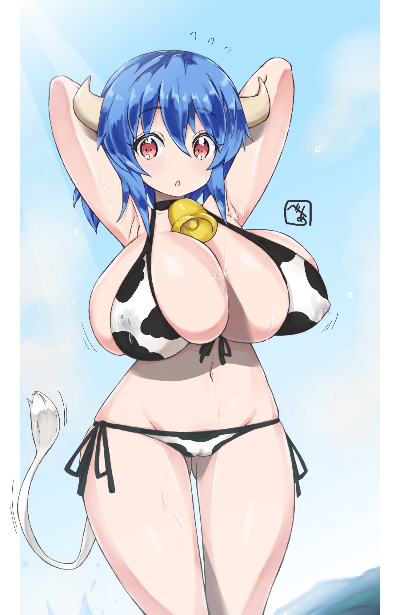 13:20 1girls 2020 :o absurd_res armpits arms_behind_head arms_up ass_visible_through_thighs bea_(adfhbcf4326) bikini blue_hair bouncing_breasts breasts bursting_breasts choker cleavage cow_girl cow_horns cow_print cow_tail cowbell eyebrows_visible_through_hair eyes_visible_through_hair female female_only flying_sweatdrops front-tie_bikini highres horns huge_breasts jashin-chan_dropkick lactation lactation_through_clothes lactation_without_expressing milk minos_(jashin-chan_dropkick) navel open_mouth outdoors red_eyes short_hair side-tie_bikini sideboob signature sky solo standing sunlight sweat sweatdrop swimsuit tail tail_wagging thigh_gap thighs water wet white_border