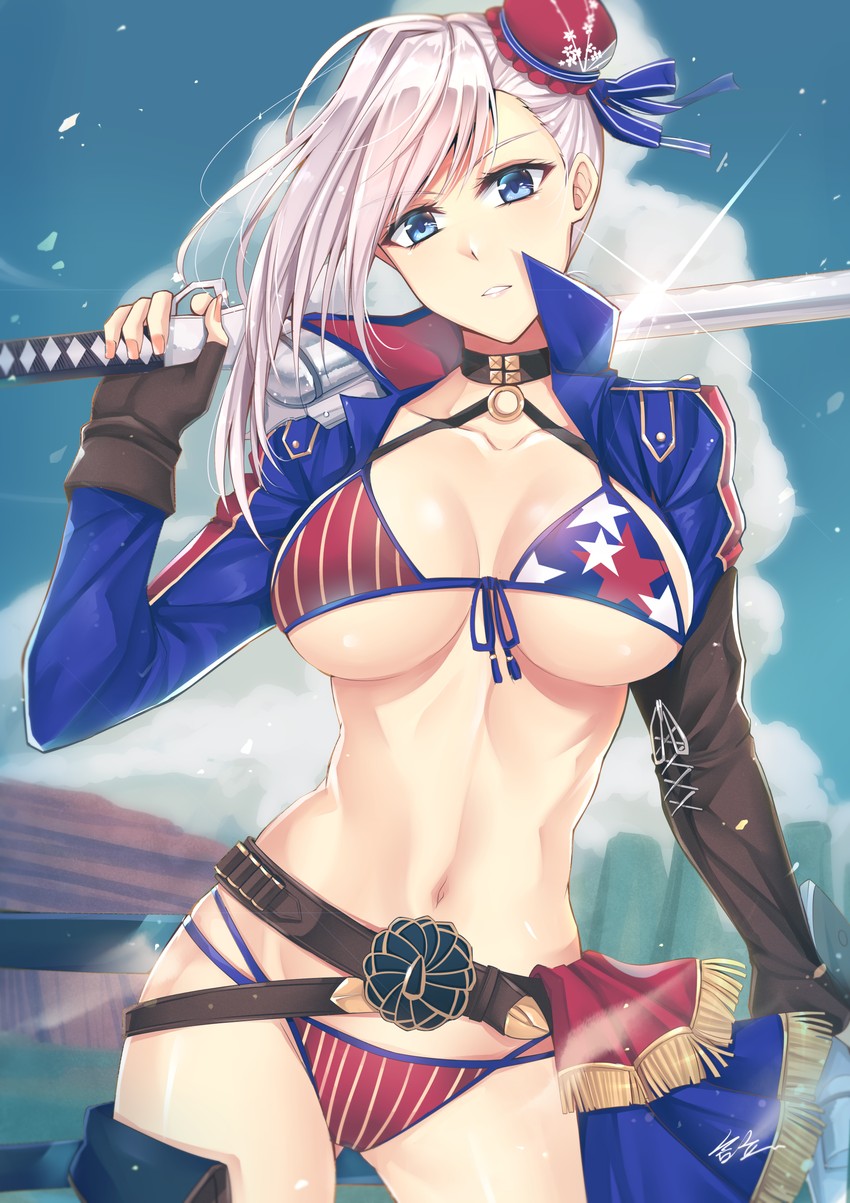 1girls absurdres american_flag american_flag_bikini asymmetrical_hair bangs belt bikini black_swimsuit blue_jacket blue_sky breasts bun_cover choker cloud commentary_request contrapposto cowboy_shot cropped_jacket day fate/grand_order fate_(series) female flag_print gu_li hair_bun highres jacket large_breasts long_hair looking_at_viewer miyamoto_musashi_(fate) miyamoto_musashi_(swimsuit_berserker) navel outdoors red_bikini sky solo standing swept_bangs swimsuit sword weapon