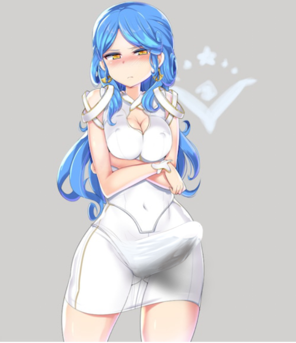 1futa aisling_duval blue_hair cleavage clothed crossed_arms edit elite_dangerous erect_nipples erection_under_clothes futanari mamo_williams solo_futa white_dress yellow_eyes