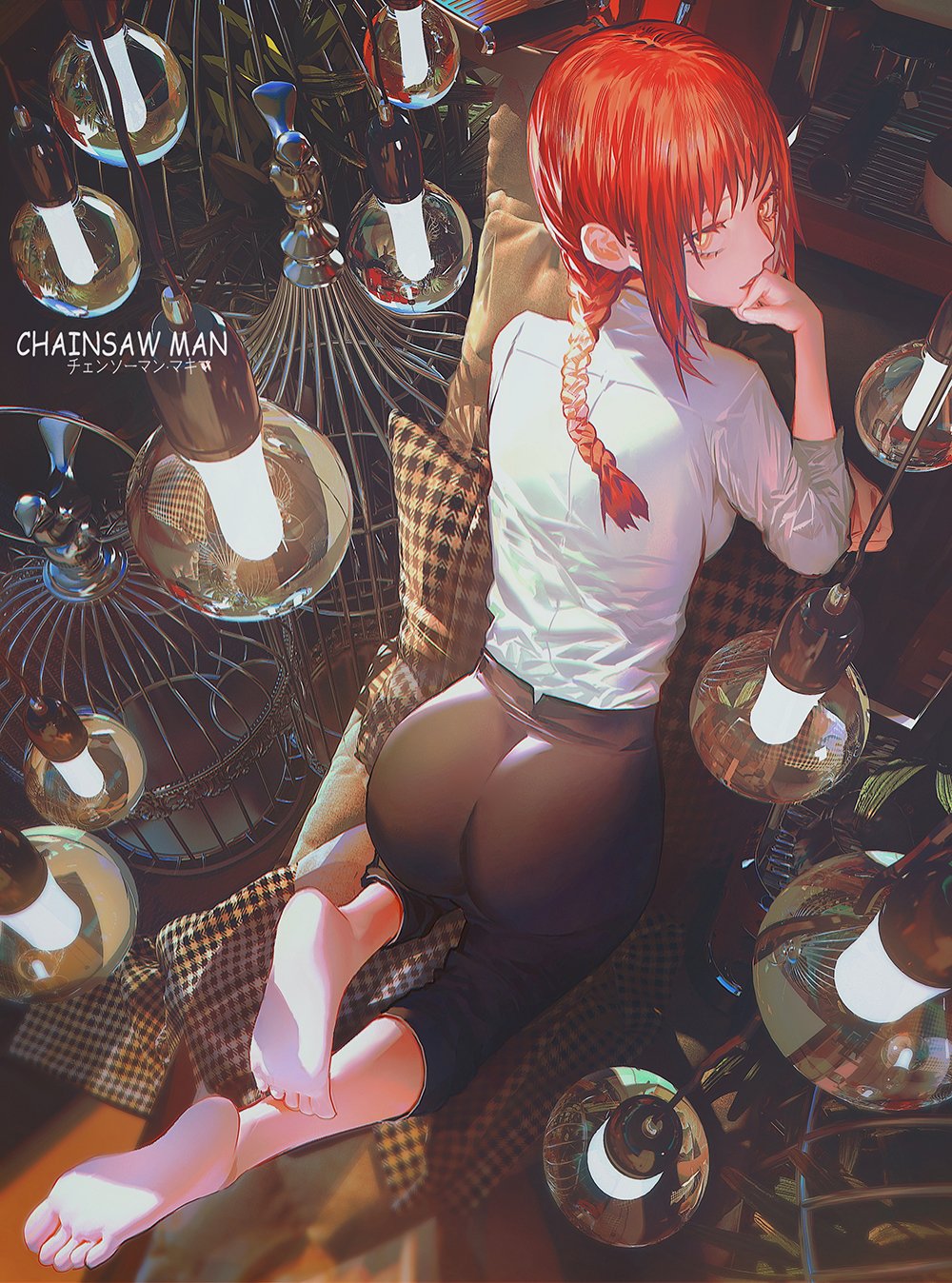 1girl 1girls 2d ass bangs barefoot braid braided_ponytail breasts capri_pants chainsaw_man chair chin_rest collared_shirt feet female formal highres kneeling light-skinned_female light_skin long_sleeves looking_at_viewer makima_(chainsaw_man) medium_breasts medium_hair office_lady pants parted_lips ringed_eyes shirt sideboob soles solo solo_female toes white_shirt yeyun