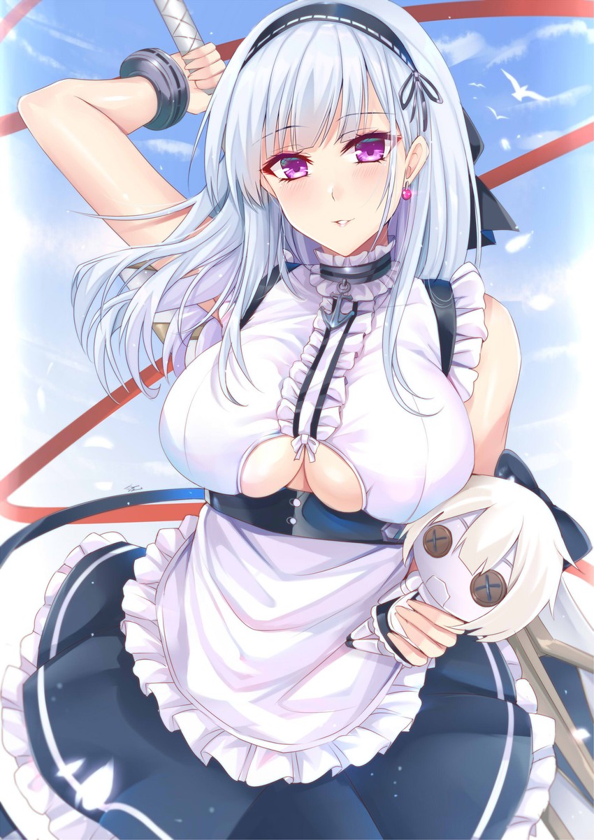 1girls absurdres anchor_choker apron arm_up azur_lane bangs bare_shoulders bird black_bow black_hairband black_skirt blue_sky blunt_bangs blush bow bracelet breasts button_eyes center_frills character_doll choker clothing_cutout cloud commentary cowboy_shot dido_(azur_lane) doll earrings eyebrows_visible_through_hair female frilled_apron frilled_choker frilled_shirt frilled_skirt frills gu_li hairband hairbow heart heart_earrings highres holding holding_doll holding_sword holding_weapon jewelry lace-trimmed_hairband lace_trim large_breasts long_hair looking_at_viewer maid_apron parted_lips purple_eyes shirt silver_hair skirt sky sleeveless sleeveless_shirt smile solo standing sword underboob underboob_cutout underbust waist_apron weapon white_apron white_shirt