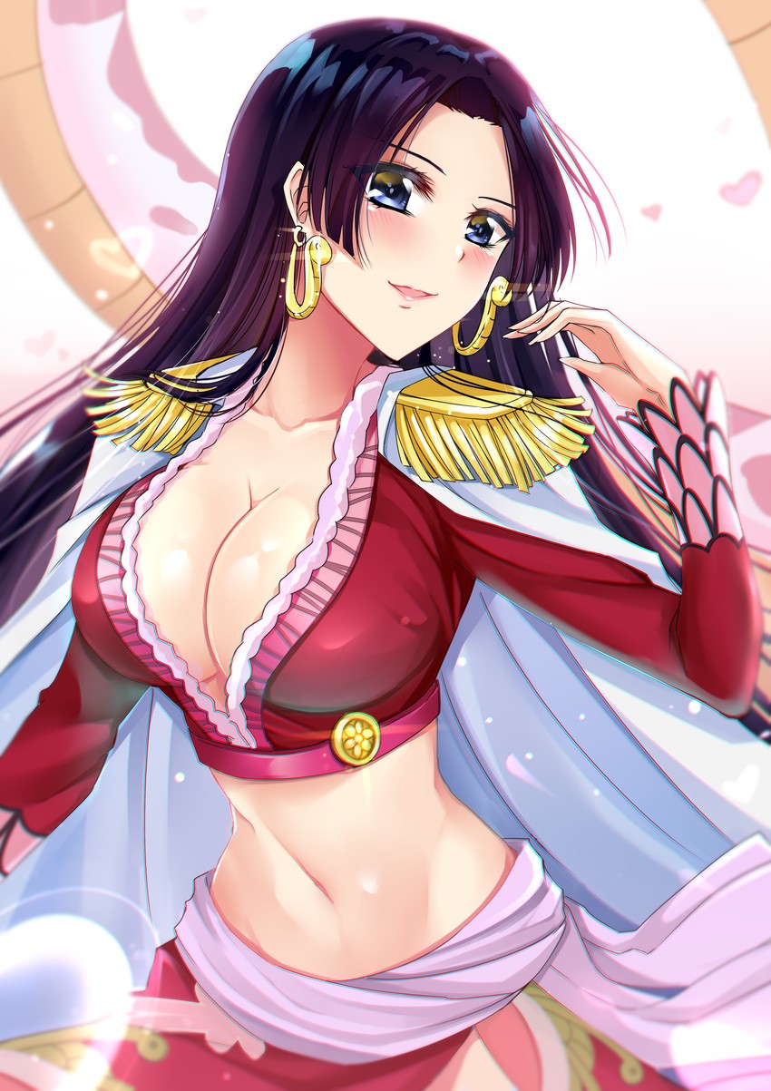 1girls :d absurdres black_hair blue_eyes blush boa_hancock breasts cleavage collarbone crop_top earrings female female_only floating_hair gu_li highres jewelry large_breasts long_hair long_sleeves looking_at_viewer midriff navel one_piece open_mouth salome_(one_piece) smile solo standing stomach very_long_hair