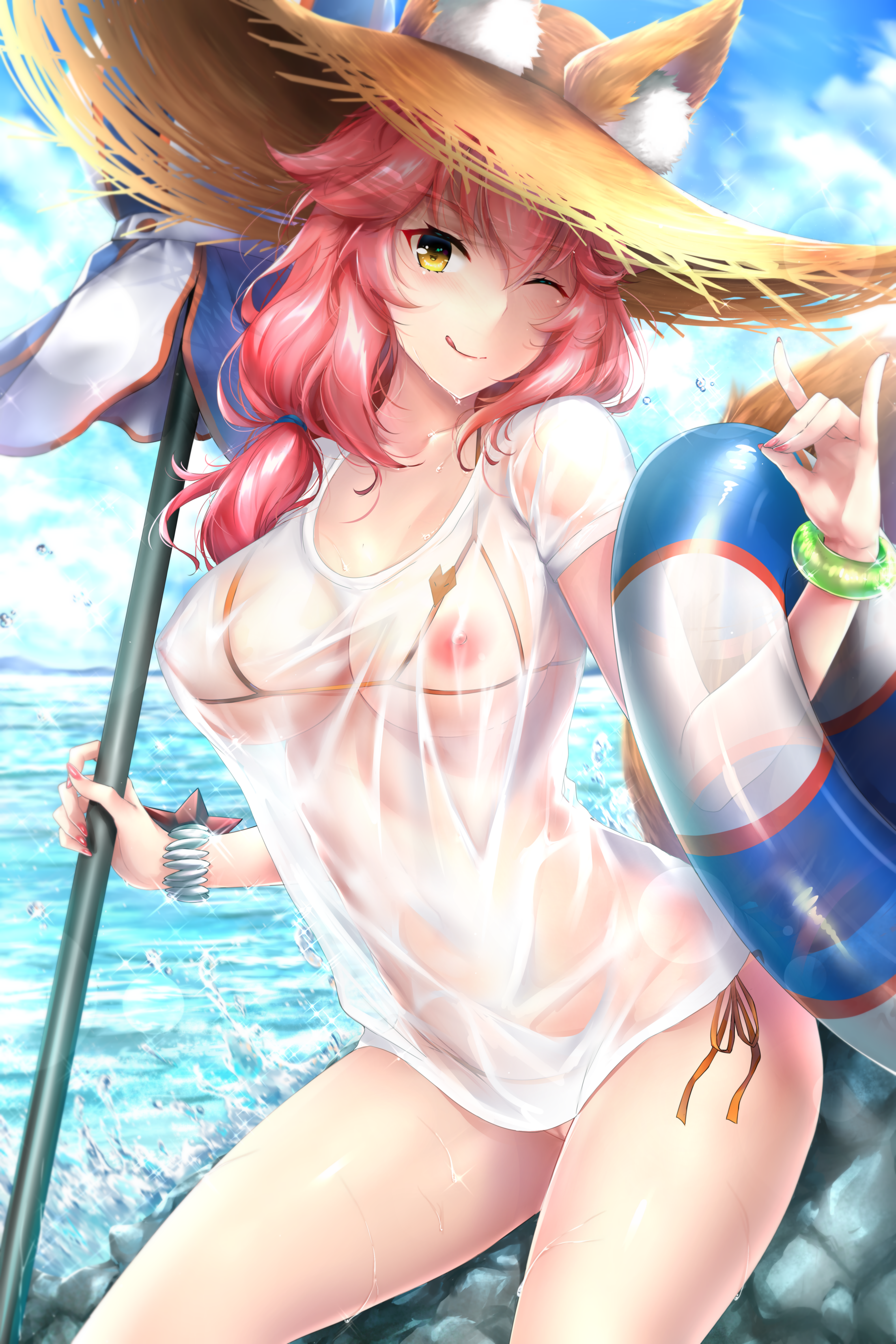 animal ears, bikini, erect nipples, fate (series), fate/grand order, female, female only, horny, nipples, pussy, rei kun, see-through, swimsuits, tail, tamamo no mae (fate), uncensored