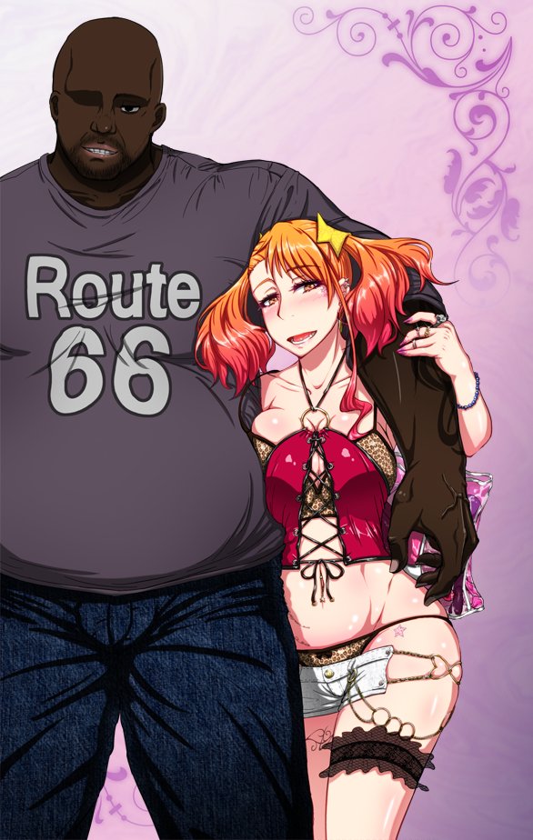 1boy 1girls ass dark-skinned_male dark_skin female gyaru interracial male micro_shorts nail_polish naruko_anjou orange_hair rasson red_hair slutty_outfit straight tattoo text twintails veins