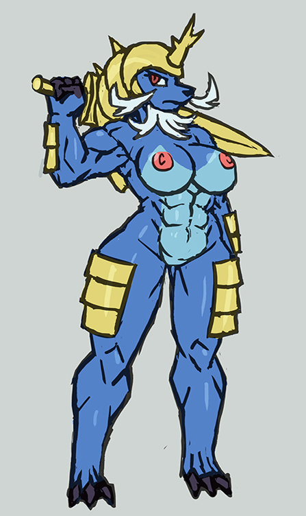 abs anthro breasts facial_hair feet female muscular muscular_arms muscular_female nintendo nipples nude pokémon_(species) pokemon rawslaw5 red_eyes samurott solo video_games weapon weapon_on_shoulder