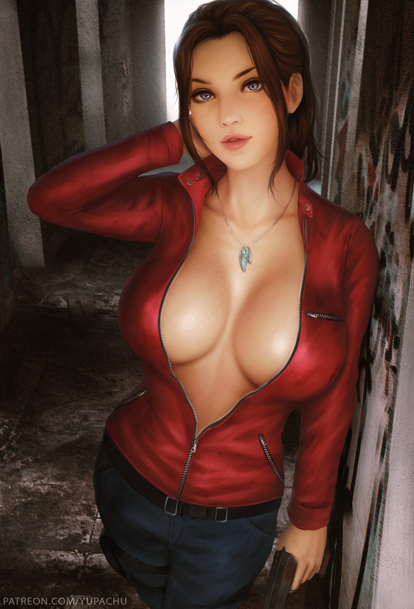 1girls, big breasts, breasts, claire redfield, female, female only, large breasts, looking at viewer, resident evil, resident evil 2, solo, sweater, yupachu