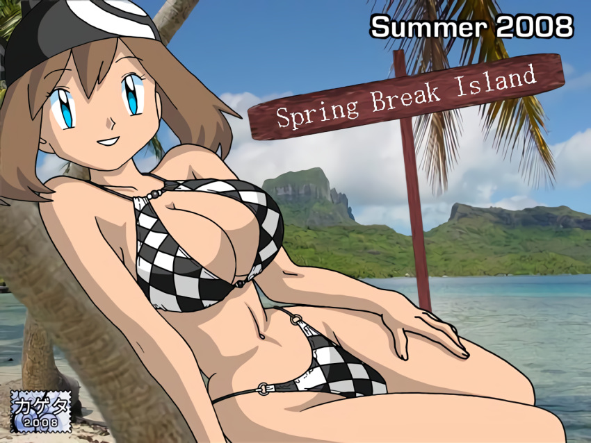 00s 1girls 2000s 2008 alluring bandana beach bikini black_bandana breasts checkered_bikini clothed clothed_female english english_text female female_focus female_only fully_clothed human kageta looking_at_viewer may_(pokemon) nintendo pokemon pokemon_rse real_life_background sakaki_(artist) solo solo_female swimsuit text