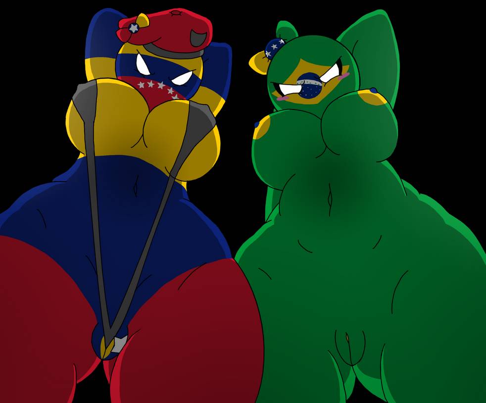 2girls ass big big_breasts brazil brazil_(countryhumans) breasts clothed clothing countryhumans countryhumans_girl female female_only gary-q looking_at_viewer micro_bikini multiple_girls nude pov pussy seductive straight tagme venezuela venezuela_(countryhumans)