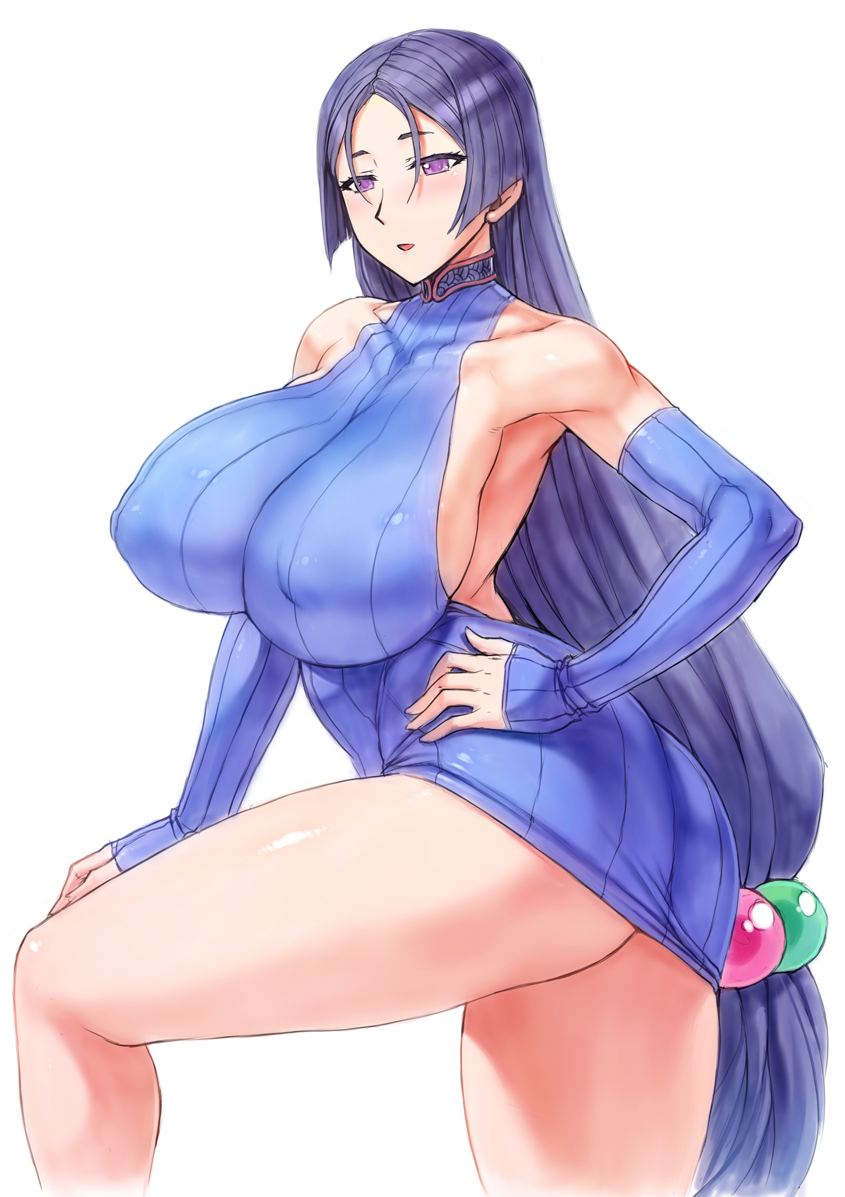 absurd res, absurdres, armpits, ass, athletic, athletic female, bangs, big breasts, blue clothing, braless, breasts, breasts bigger than head, elbow gloves, erect nipples under clothes, fate (series), fate/grand order, female, female focus, female only, fully clothed, hair ornament, hand on hip, hand on thigh, high resolution, highres, hourglass figure, human, human only, impossible clothes, jpeg, light makeup, light skin, light-skinned female, long hair, minamoto no raikou (fate/grand order), model, mogudan, nipples bulge, no bra, no panties, parody, posing, purple eyes, purple hair, sideboob, simple background, slender waist, slim, slim waist, small mouth, solo focus, thick thighs, thighs, toned, toned female, upskirt, virgin killer sweater, voluptuous, white background