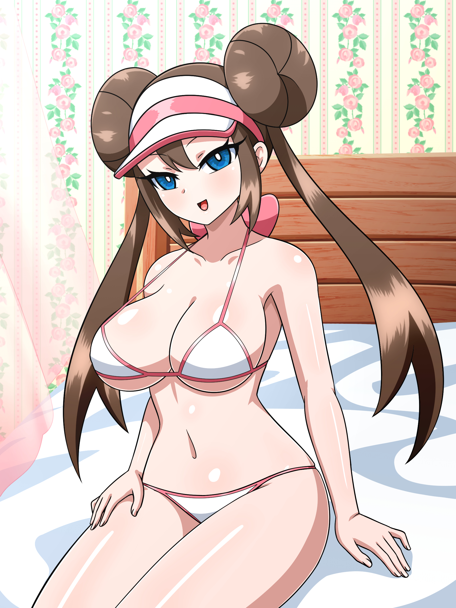 1girls, bed, big breasts, bikini, breasts, clothed, clothed female, female, female focus, female only, fully clothed, long hair, looking at viewer, nintendo, on bed, pokemon, pokemon bw, pokemon bw2, rosa (pokemon), solo, solo female, swimsuit, tagme, yensh