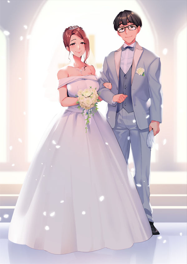 1boy, 1girls, bare shoulders, black hair, bowtie, brown hair, character request, couple, cross, dress, female, glasses, looking at viewer, male, married, married couple, minamoto, mole under mouth, smile, tagme, tiara, tuxedo, wedding, wedding dress