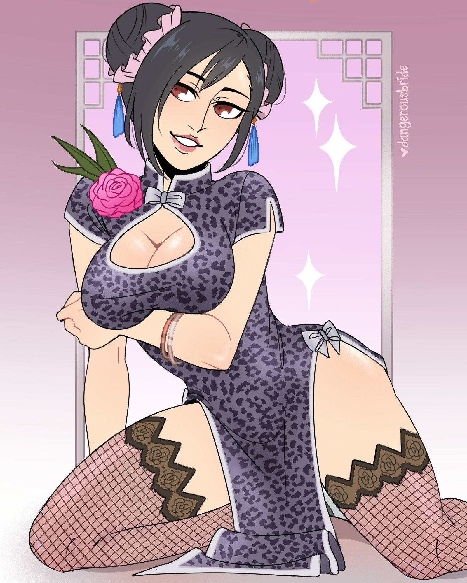 1girls, arm between breasts, arm support, black hair, bracelet, breasts, brown eyes, chinese clothes, cleavage, dangerousbride, female, female only, final fantasy, final fantasy vii, fishnet stockings, fishnets, flower, fully clothed, hair bun, hair ornament, highres, kneeling, looking away, shine, smile, solo, solo female, solo focus, stockings, teeth showing, tifa lockhart
