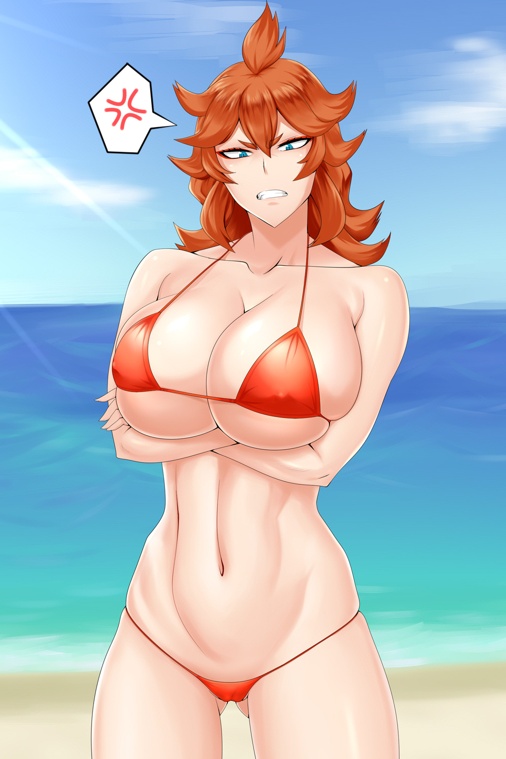 angry, ass visible through thighs, big breasts, bikini, black clover, blue eyes, breasts, female, female focus, female only, looking down, mereoleona vermillion, orange hair, wide hips, wide thighs