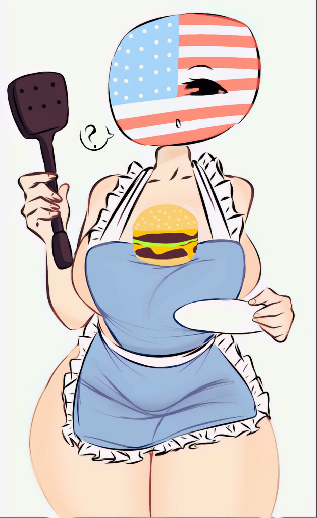 1girls, apron only, bottomless, burger, countryhumans, countryhumans girl, female, female only, flawsy, national personification, simple background, tagme, topless, united states of america (countryhumans), white background, wide hips