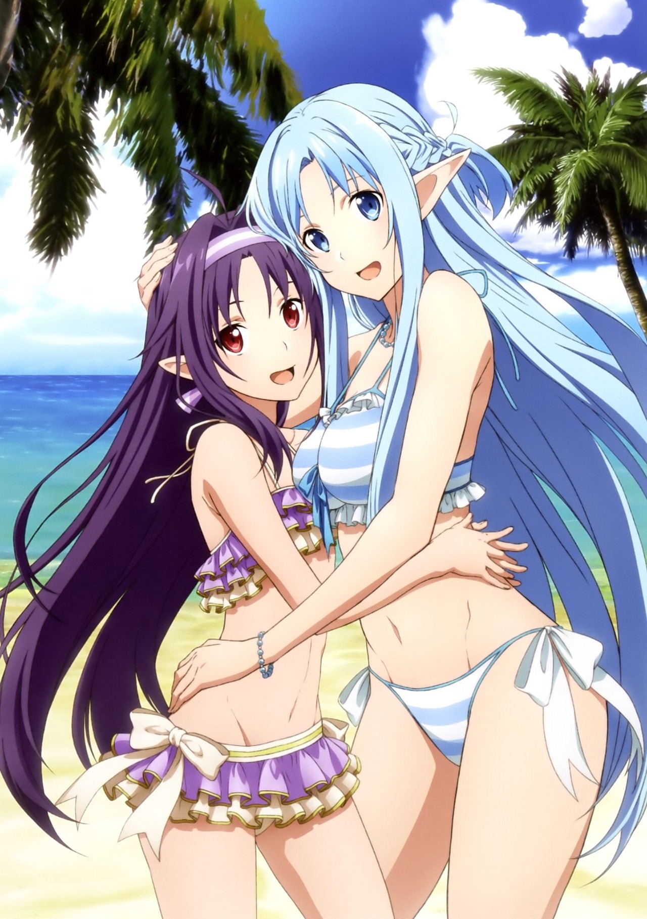 2girls, alfheim online, arms, asuna (sao-alo), beach, belly, belly button, bikini, bikini bottom, bikini top, blue bikini, blue eyes, blue hair, braid, breasts, cyan eyes, cyan hair, elf, elf ears, elf female, enjoying, female, female only, friends, grabbing, grabbing hips, grabbing waist, hands, hug, hugs, konno yuuki, legs, lesbian, light skin, light-skinned female, long ears, long hair, love, necklace, ocean, open mouth, petite, petite body, pointy ears, purple bikini, purple hair, red eyes, ribbon, short skirt, skinny, skirt, small breasts, smile, sword art online, tights, very long hair, white skin, yuri, yuuki asuna
