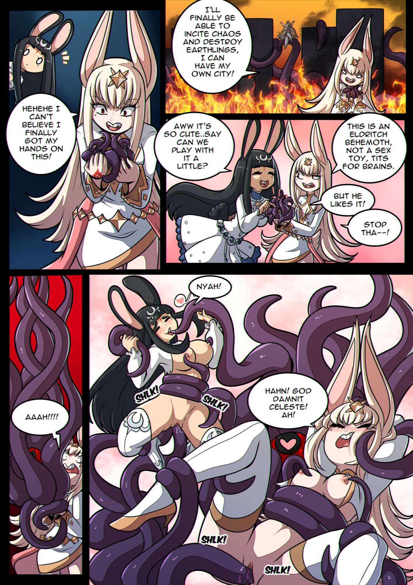 2girls, areolae, black hair, blonde hair, blush, breasts, bunny ears, bunny girl, celeste (kinkymation), clothing, comic, consensual tentacle sex, consensual tentacles, consentacles, english text, estella (kinkymation), facial markings, female, forehead jewel, heart-shaped pupils, highres, kinkymation, lagomorph, lagomorph humanoid, long hair, multiple females, multiple girls, nipples, original, penetration, pussy, red eyes, restrained, speech bubble, tentacle, tentacle in mouth, tentacle in pussy, tentacle monster, tentacle sex, text bubble, thighhighs, vaginal penetration