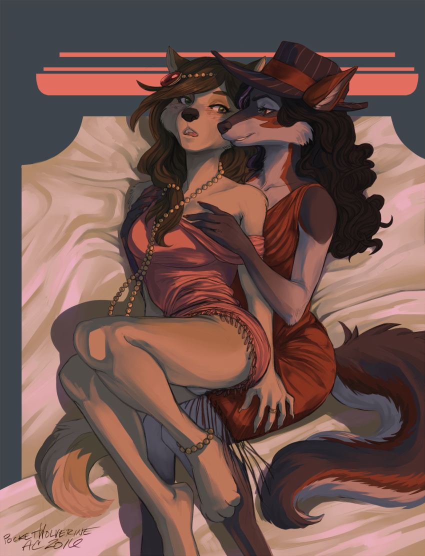 2girls anklet anthro bed bed_sheet bedding canine female female_only flapper furry hat husky leila_snowpaw pantyshot pinstripe_pattern pocketwolverine retro scarlett_vithica upskirt wolf yiff yuri