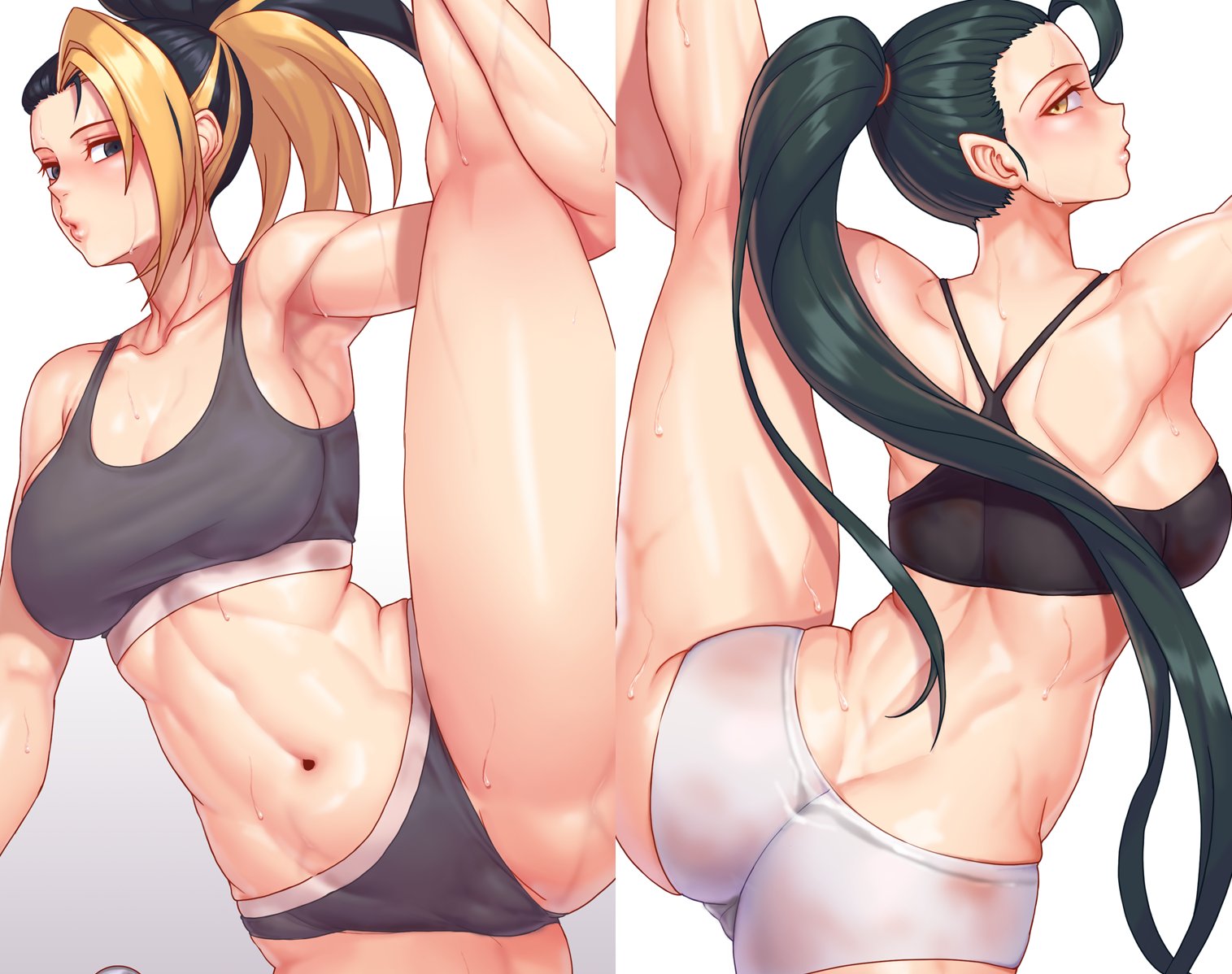 2girls, abs, akali, ass, back muscles, belly button, big ass, big breasts, breasts, bubble ass, bubble butt, female, female only, fit, fit female, gonster, k/da all out akali, k/da all out kai'sa, k/da all out series, kai'sa, large breasts, league of legends, long hair, looking at viewer, multicolored hair, multiple females, multiple girls, muscles, sports bra, sportswear, stretching, sweat
