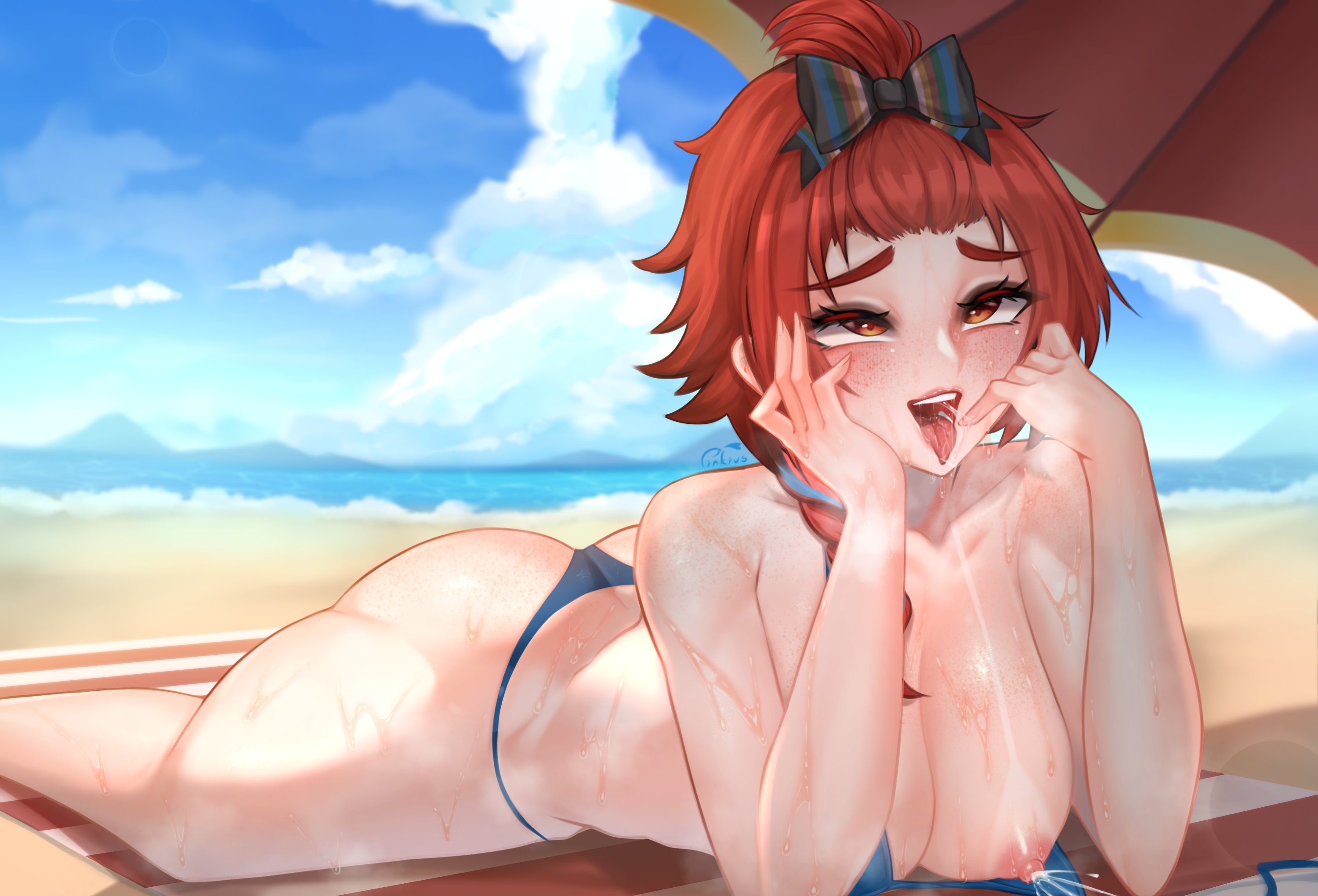 1girls, ahe gao, ass, beach, beach towel, big ass, big breasts, big butt, bikini, breasts, chixia (wuthering waves), clothed, clothed female, female, freckles, lactation, light skin, light-skinned female, looking at viewer, pinkius, smiling at viewer, wuthering waves