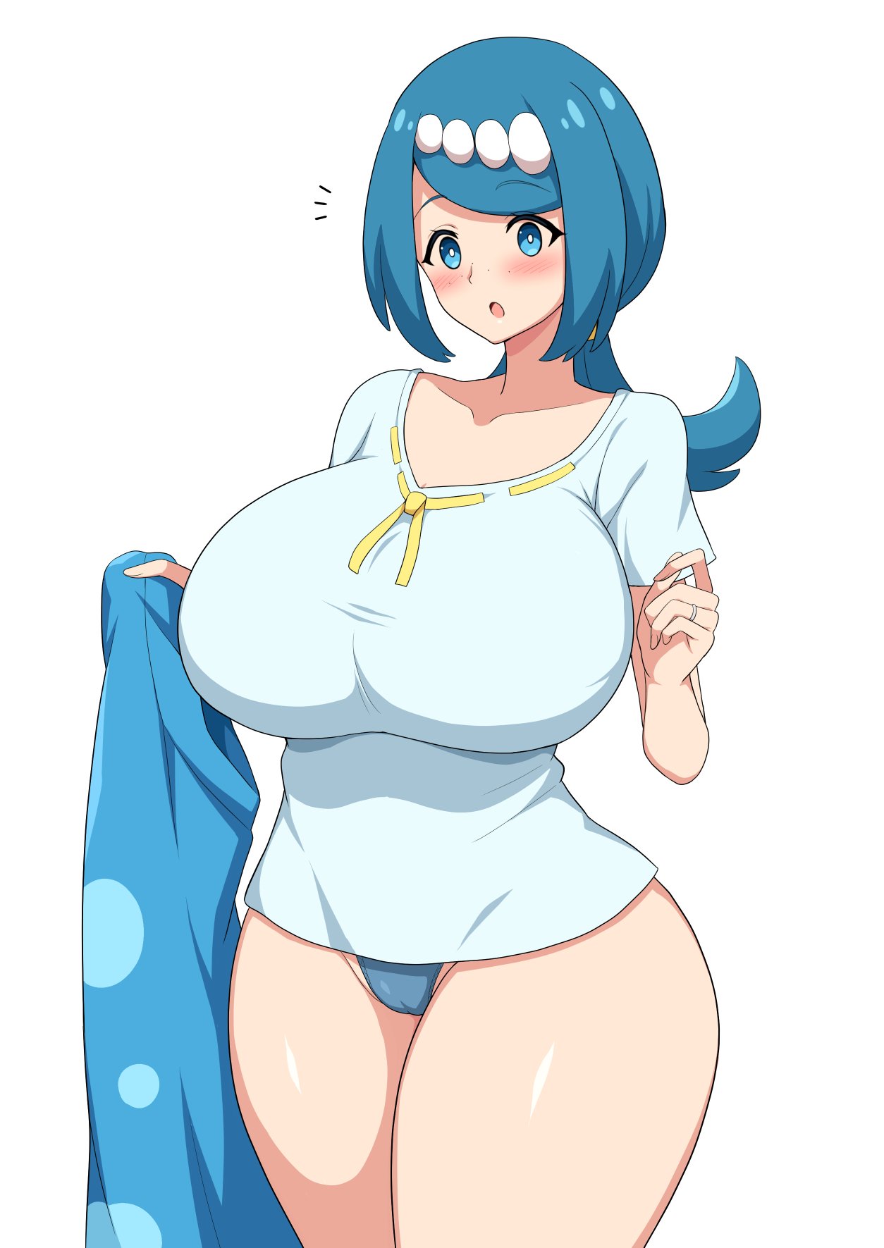 aikome (haikome), alternate breast size, big breasts, blue eyes, blue hair, blush, breasts, curvy, cute, eyelashes, female, female only, fully clothed, haikome, huge breasts, lana's mother (pokemon), milf, mob face, nintendo, open mouth, pokemon, pokemon sm, thick, thick thighs, towel, voluptuous, white background, wide hips