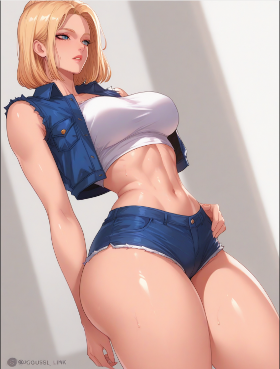 1girls ai_generated android_18 blonde_hair blue_eyes blue_jacket chanquazz clothing crop_top dragon_ball dragon_ball_super dragon_ball_z hand_on_hip jean_shorts looking_away muscular_female short_hair
