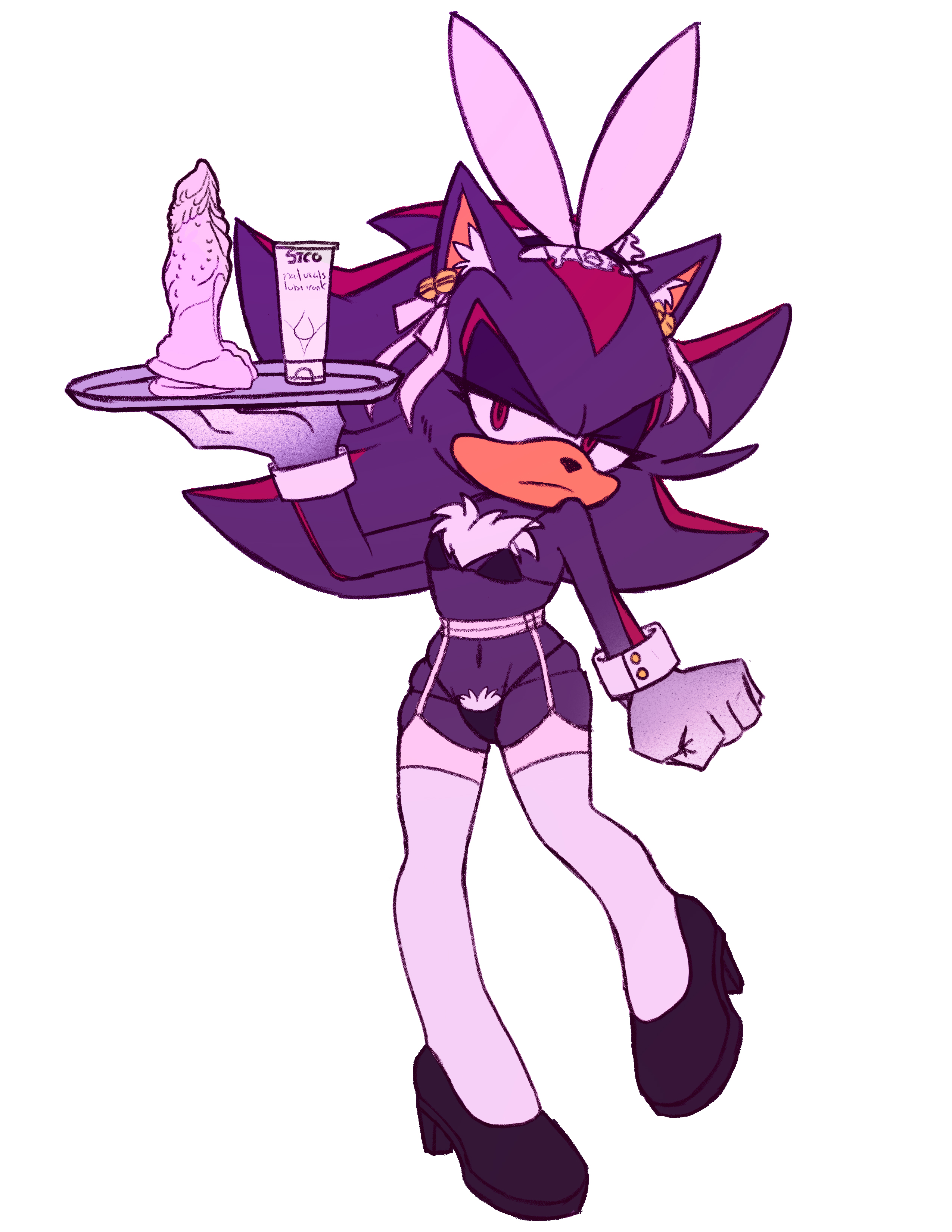 1girls, bell earrings, bikini, black fur, breasts, bunny ears, bunny girl, clenched hand, dildo, eulipotyphlan, eyelashes, female, flat chest, frilled hairband, garter belt leggings, holding tray, kitzunn7, lube bottle, plate, pubic hair, red eyes, rule 63, sega, shade the hedgehog, shadow the hedgehog, skindentation, small breasts, solo, sonic (series), sonic the hedgehog (series), tagme