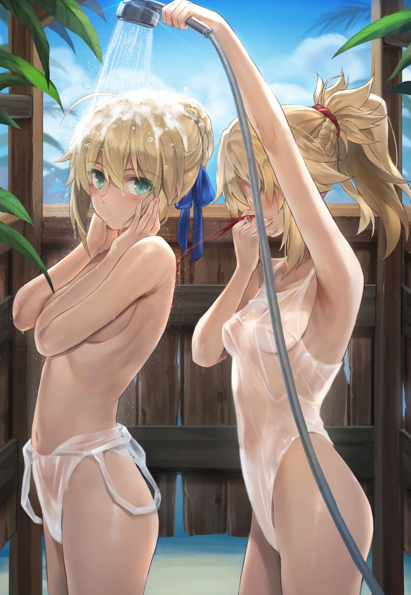 2girls, aqua eyes, artoria pendragon, beach, beach shower, blonde hair, breasts, fate (series), fate/grand order, female, female only, incest, large breasts, long hair, mordred (fate), multiple females, multiple girls, nosebleed, ponytail, saber, showering, small breasts, swimsuit, swimsuit down, tonee, yuri