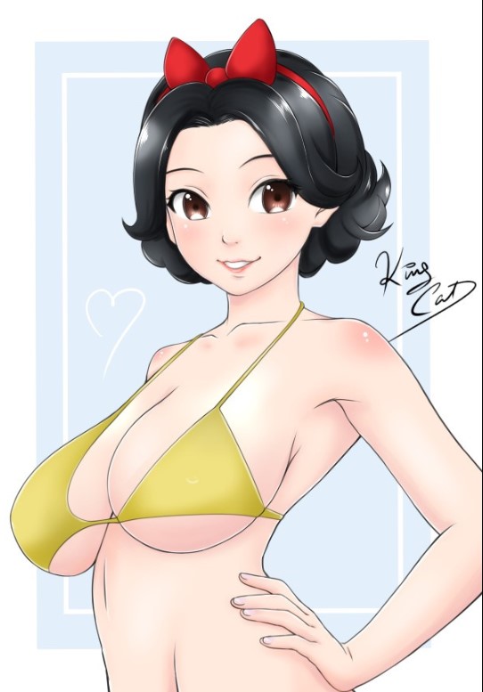 1girls, big breasts, bikini, black hair, breasts, brown eyes, cleavage, disney, disney princess, female, female only, hairbow, hand on hip, large breasts, noboru revista, short hair, snow white (disney), snow white and the seven dwarfs (1937 film), teenager, voluptuous