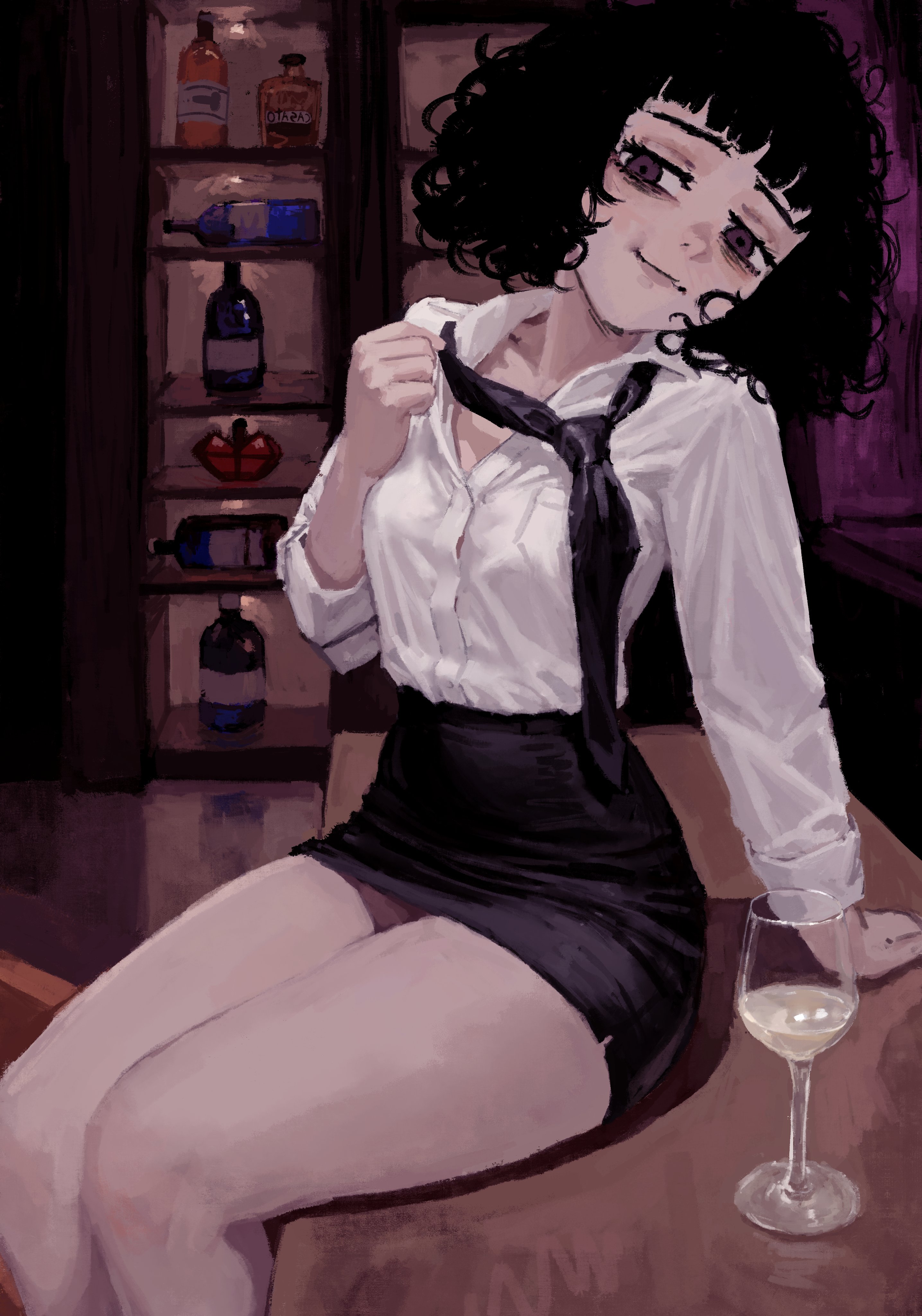 alcohol, bar, black hair, breasts, button down shirt, casato, ellie (casato), female, female only, original, purple eyes, short hair, sitting, skirt, small breasts, tagme, thick thighs, tie, tight clothing, undressing, voluptuous, wide hips