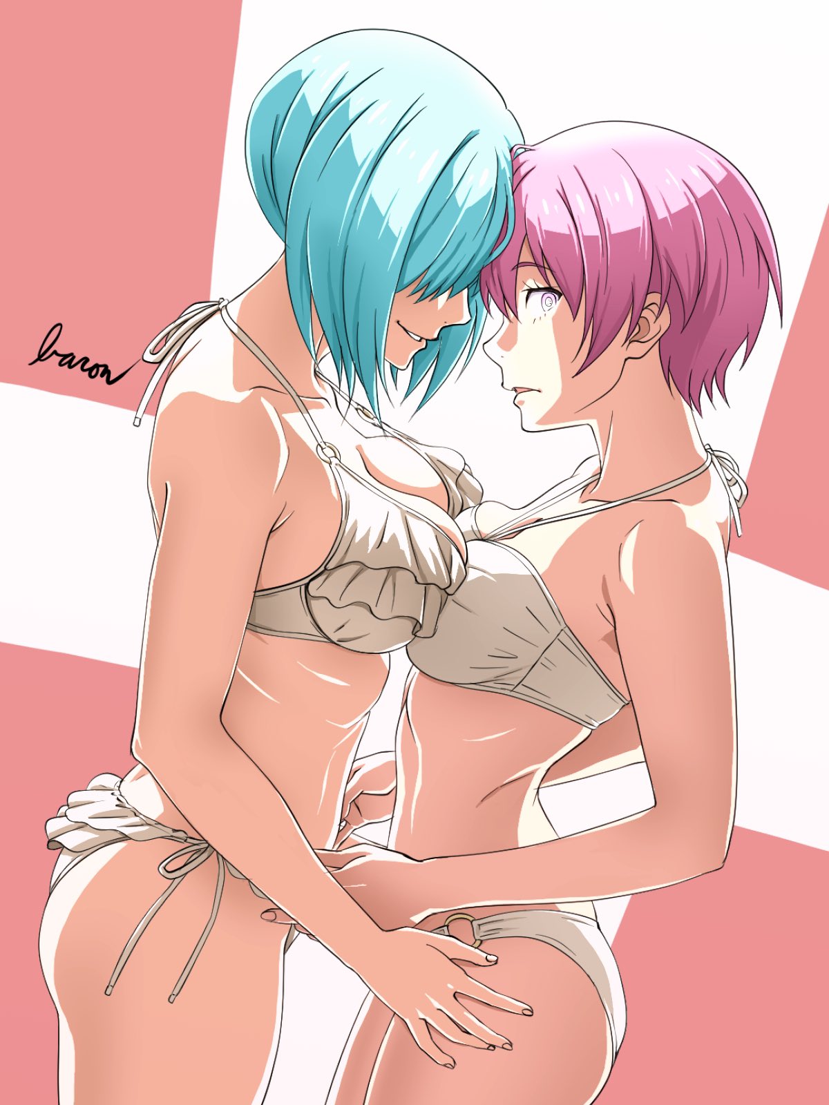 2girls artist_name ass bare_shoulders bikini blue_hair bob_cut breasts cleavage en'en_no_shouboutai enen_no_shouboutai frilled_bikini frills from_side frown hair_over_eyes halterneck highres inca_kasugatani kasugatani_inca large_breasts multiple_girls navel pink_eyes pink_hair ritsu_(en'en_no_shouboutai) ritsu_(enen_no_shouboutai) short_hair side-tie_bikini_bottom smile swimsuit varon white_background yuri