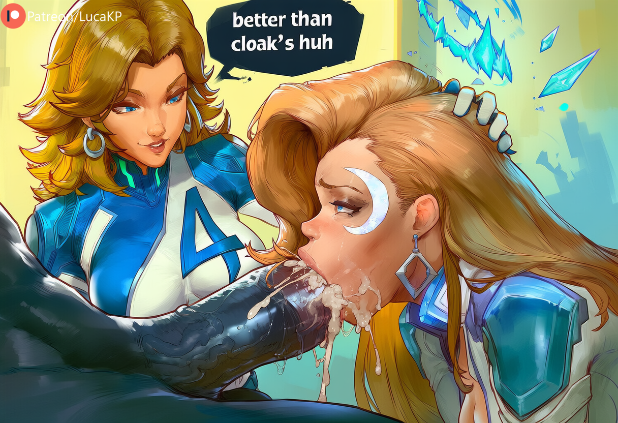 1boy, 2girls, ai generated, assisted fellatio, black body, black penis, blonde female, blonde hair, blonde-haired female, blowjob, blowjob face, blue eyes, cum, cum in mouth, cum inside, cum leaking, cum leaking out of mouth, cumming, cumming in mouth, dagger, dagger (marvel rivals), dagger (marvel), dark penis, dark skin, dark-skinned male, earrings, ejaculation, fellatio, female, honey blonde hair, invisible woman, invisible woman (marvel rivals), looking at another, lucakp, male, marvel, marvel comics, marvel rivals, massive penis, monster, monster on female, patreon, patreon link, patreon logo, patreon url, patreon username, penis, pleasure face, simple background, sitting, smirk, sucking, sue storm, susan storm, tagme, text, text box, text bubble, venom, venom (marvel rivals), venom (marvel)