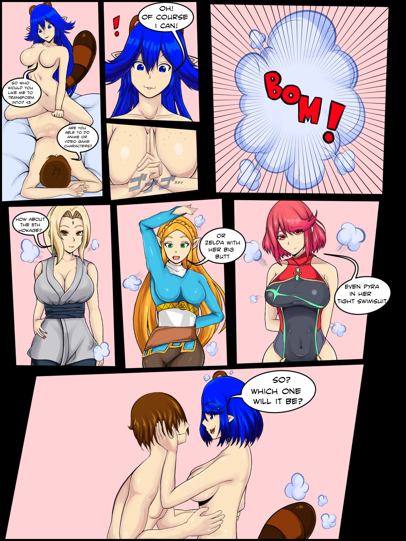 breast expansion, breast growth, breast growth (enlargement), breasts, breath of the wild, disguise, expansion, female, naruto, naruto (series), original character, princess zelda, pyra, raccoon tail, shapeshifter, shapeshifting, shiftingfun, tanuki, the legend of zelda, transformation, tsunade, xenoblade (series), xenoblade chronicles 2, zelda (breath of the wild)