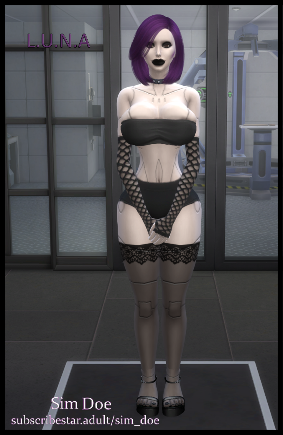 3d big_breasts curvy curvy_body curvy_female curvy_figure curvy_hips english english_text female goth goth_girl grey_skin high_heels luna(sim_doe) miss_bots(sim_doe) no_sex original_characters purple_hair revealing_clothes revealing_outfit robot robot_girl robot_humanoid sim_doe sims sims4 sims_4 the_sims the_sims_4