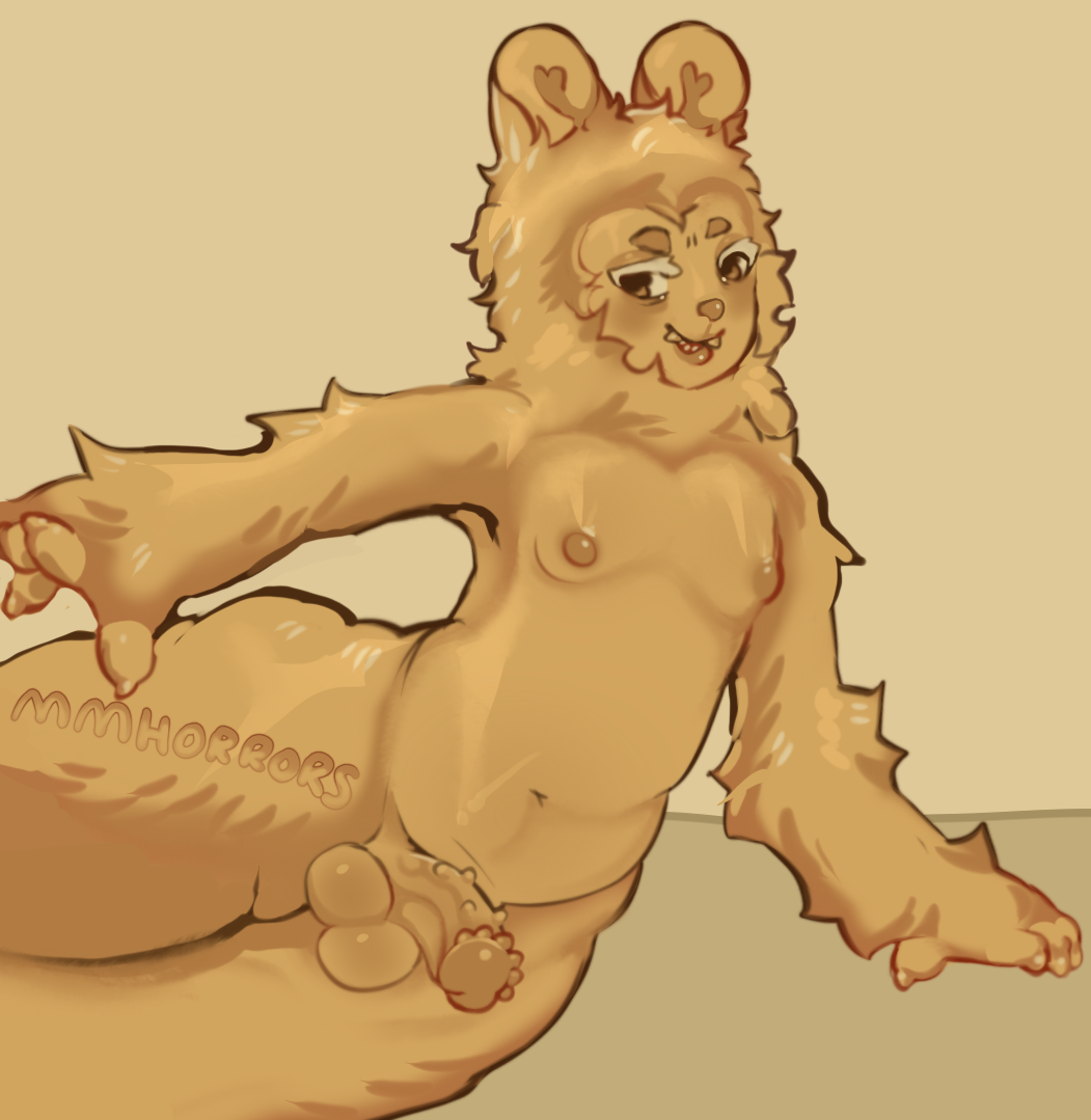 anthro ass balls big_butt femboy fur genitals glistening glistening_body labubu looking_at_viewer male mmhorrors nipples penis slightly_chubby solo spiked_penis spikes spikes_(anatomy) tagme thick_thighs yellow_body yellow_fur