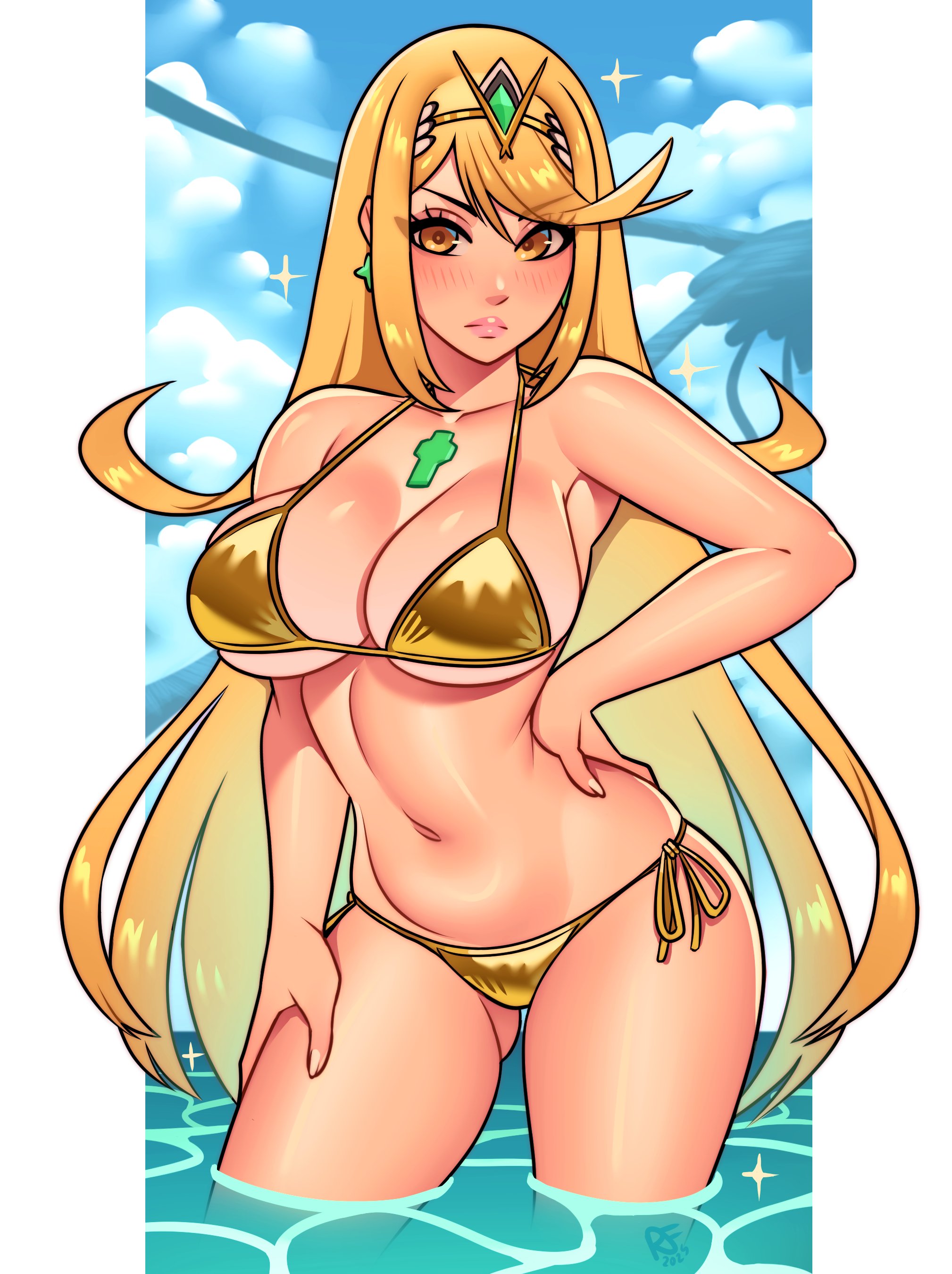beach, bikini, blonde hair, blush, breasts, cleavage, female, female only, gold eyes, golden bikini, huge breasts, long hair, looking at viewer, mythra, nintendo, ravenousruss, standing in water, voluptuous, xenoblade (series), xenoblade chronicles 2