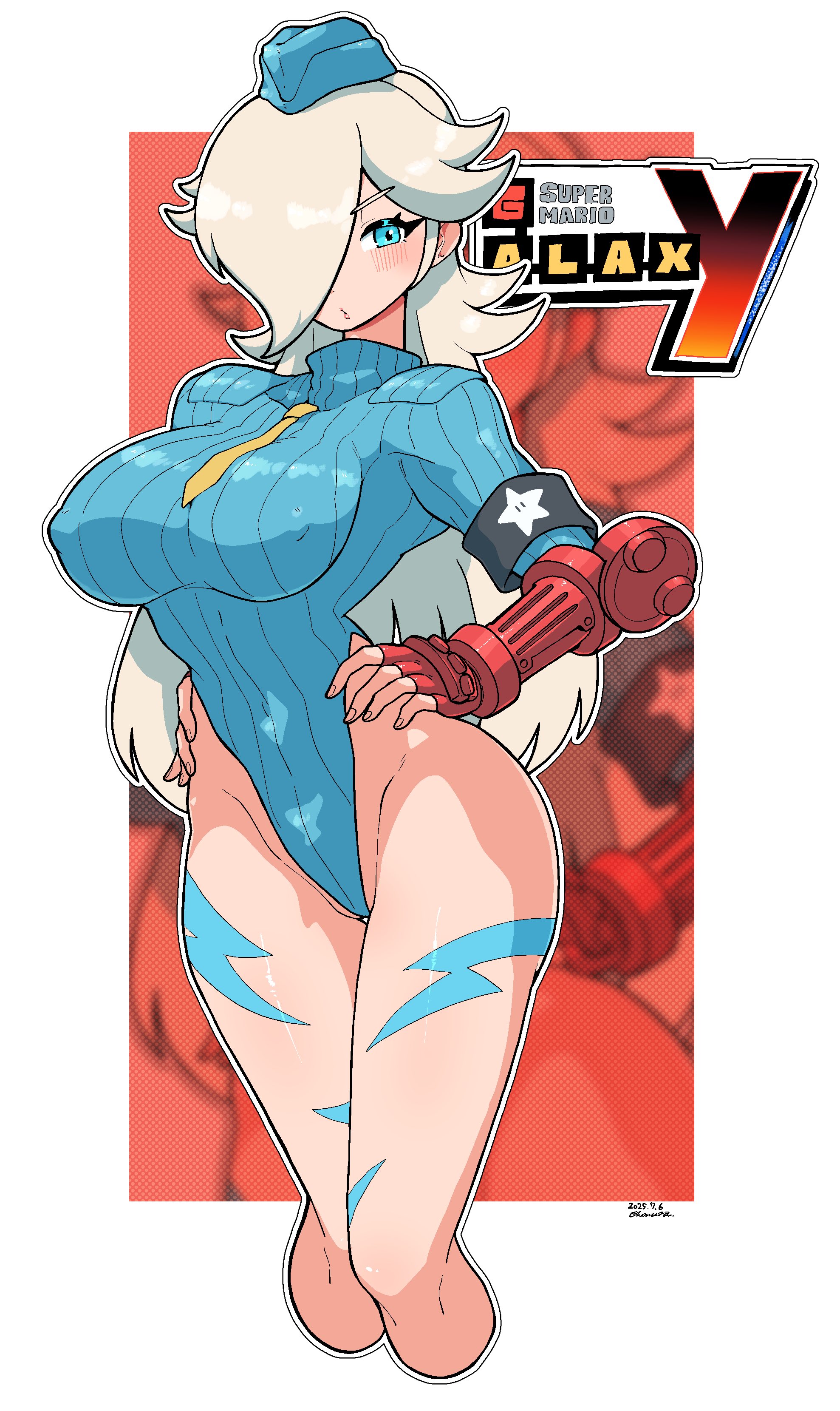 1girls, big breasts, blonde hair, blue eyes, breasts, busty, cammy white (cosplay), female, fingerless gloves, hair over one eye, hands on hips, hips, legs, light skin, light-skinned female, mario (series), nintendo, ohmura denki, princess rosalina, small waist, street fighter, super mario galaxy, thighs