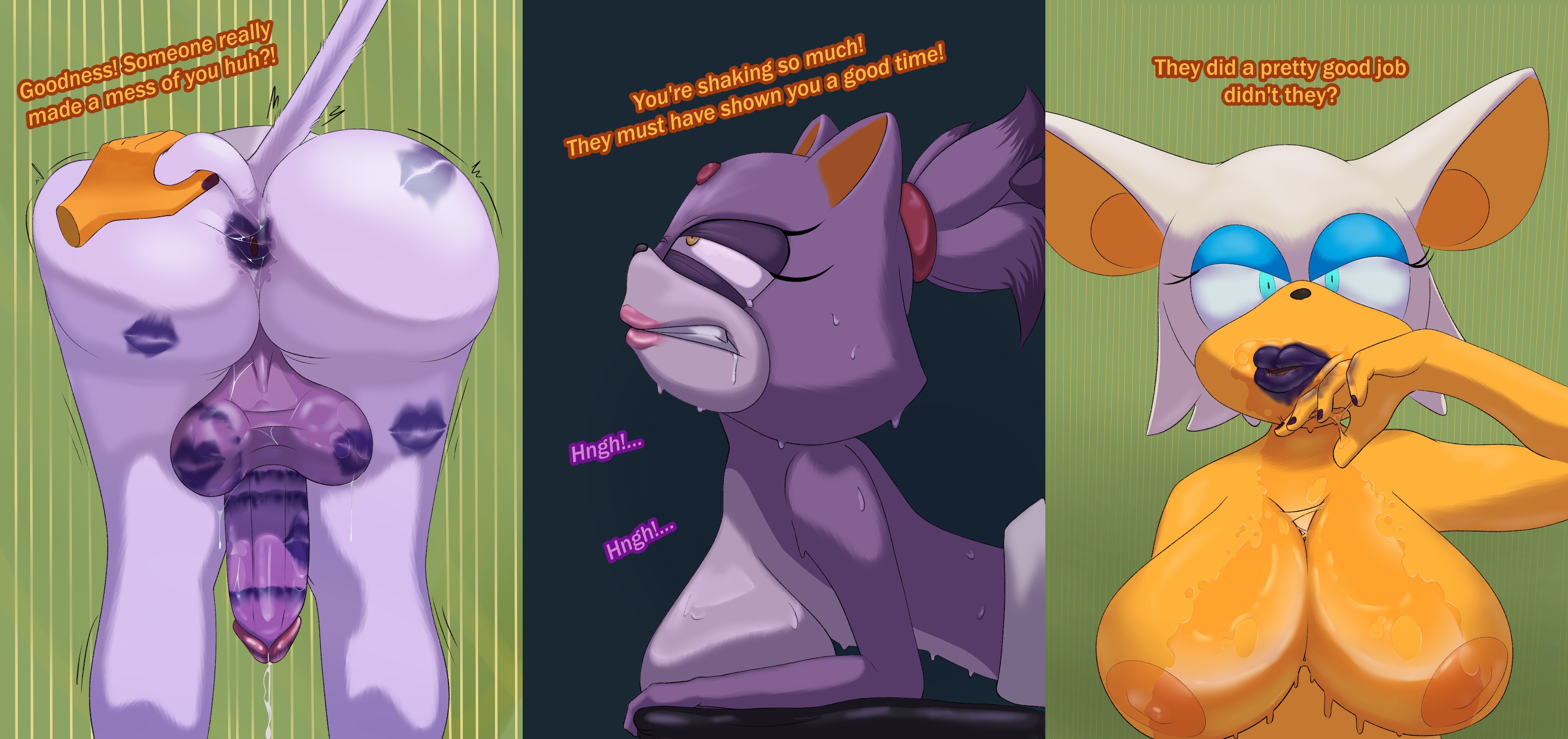 anthro, anus, ass, balls, big ass, big breasts, big penis, blaze the cat, breasts, dialogue, dickgirl, drooling, female, female on futa, froggkingg, futanari, grabbing ass, gritted teeth, hung bottom, intersex, kiss mark, lipstick, lipstick on anus, lipstick on ass, lipstick on balls, lipstick on penis, looking pleasured, merged, oral, oral sex, penis, precum, public use, rimming, rimming futa, rouge the bat, saliva, sega, sonic (series), sweat, tail