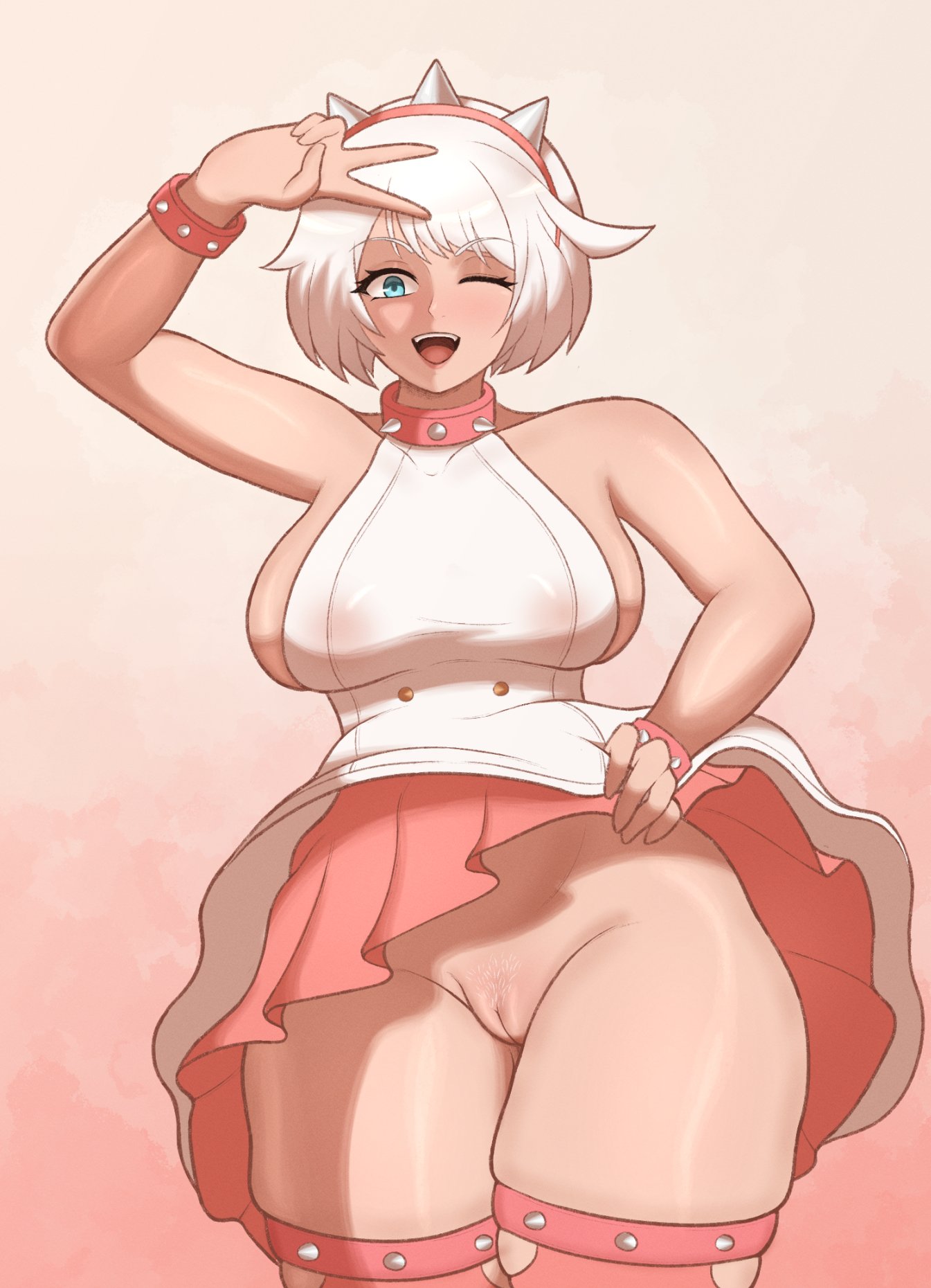 1girls, bottomless, clothes lift, elphelt valentine, female, guilty gear, guilty gear strive, no panties, one eye closed, pussy, rover (rover png), roverpng, skirt, skirt lift, thick thighs, thighhighs, thighs, upskirt, v, white hair, wide hips, wink