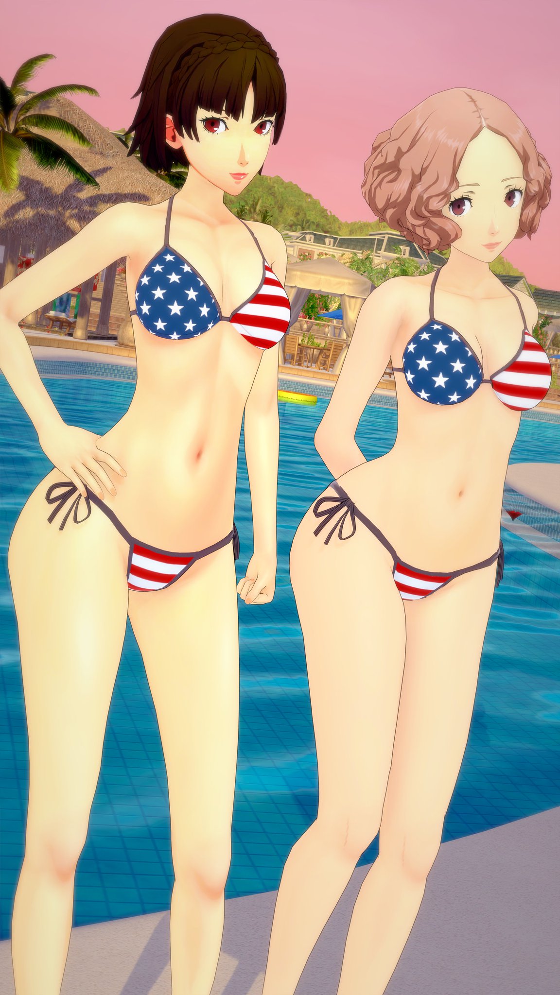 2girls, 4th of july, american flag bikini, artist request, bikini, breasts, brown eyes, brunette, curvaceous, curvy, curvy figure, evaan, female, hands behind back, haru okumura, hips, koikatsu, looking at viewer, makoto niijima, persona, persona 5, pool, poolside, red eyes, shepirotcloud, shin megami tensei, short hair, string bikini, tagme, thighs, viewer pov