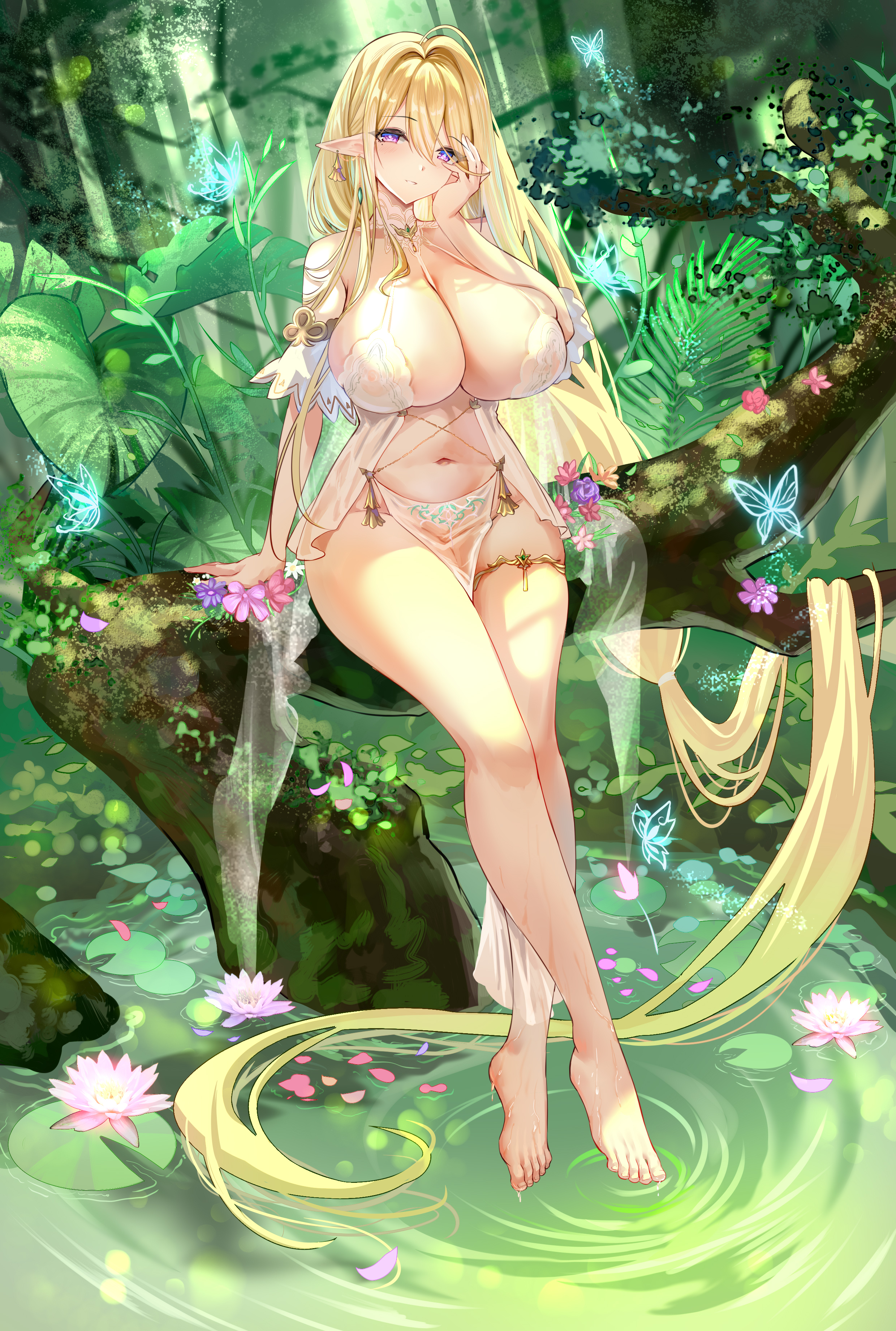 1girls, akusamu, azur lane, blonde hair, braided hair, breasts, earrings, elf, elf ears, female, female only, gouden leeuw (azur lane), huge breasts, loincloth, looking at viewer, nature, pelvic curtain, pointy ears, pond, pubic tattoo, purple eyes, revealing clothes, very long hair, voluptuous