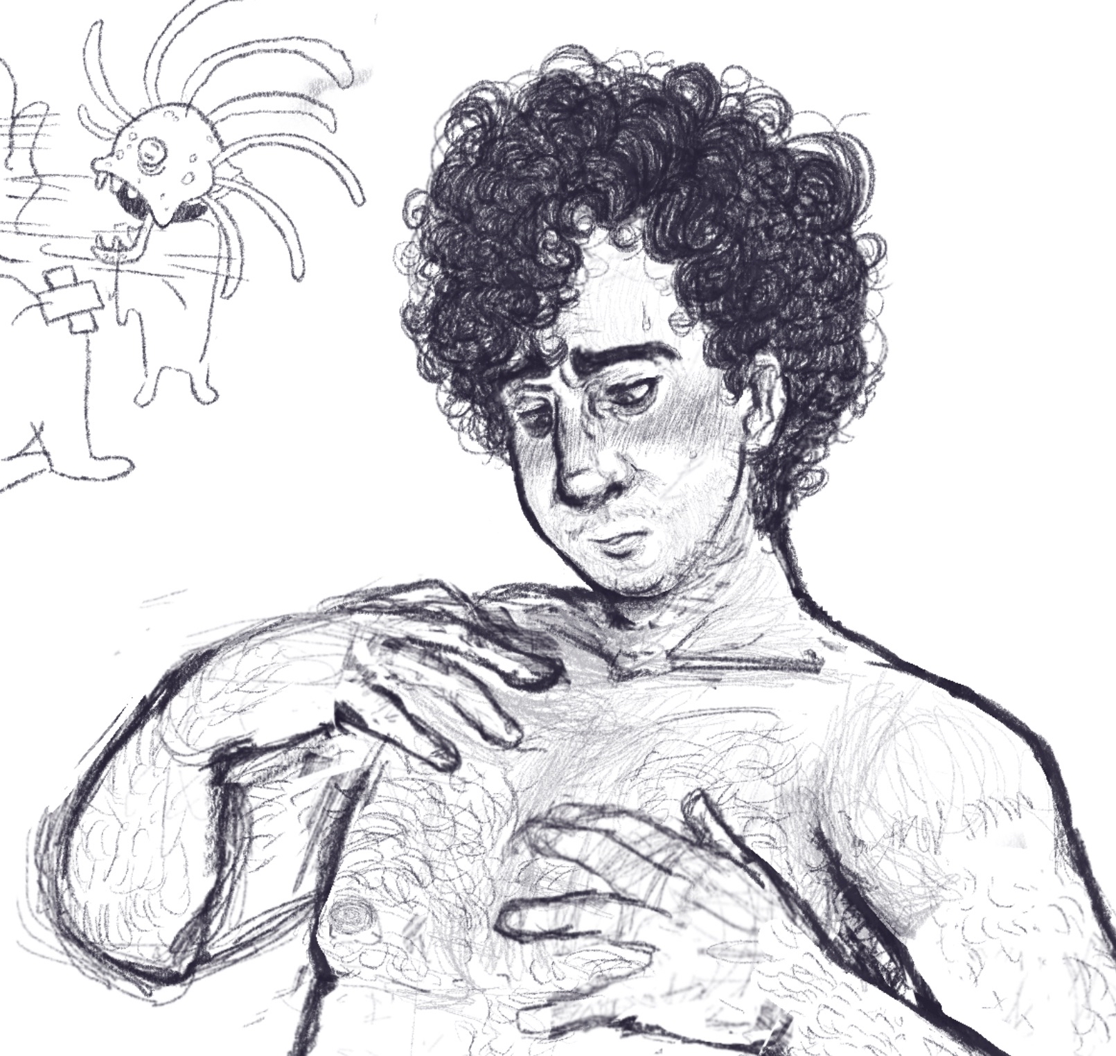 1boy, blush, curly hair, date everything, feeling up, hairy chest, hector valentino airnesto condicionado (date everything), male, sketch, solo, submissive male, sweat, touching self