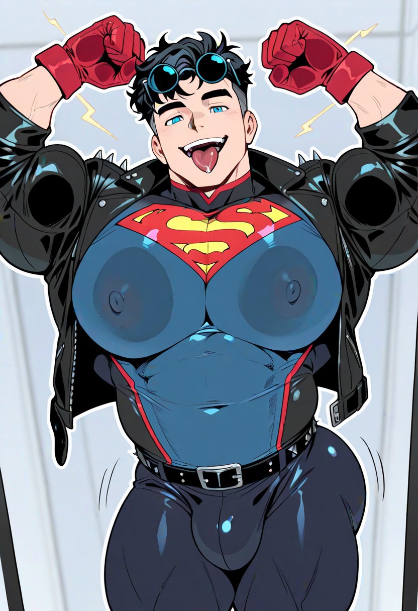 1boy, against glass, ai generated, ass, big ass, big breasts, big pecs, breasts, bulge, conner kent, dc, dc comics, gayafgramsci, kon-el, male, male focus, male only, muscular, muscular male, pressed against, pressed on glass, solo, superboy, superboy (conner kent), superhero, superman (series)