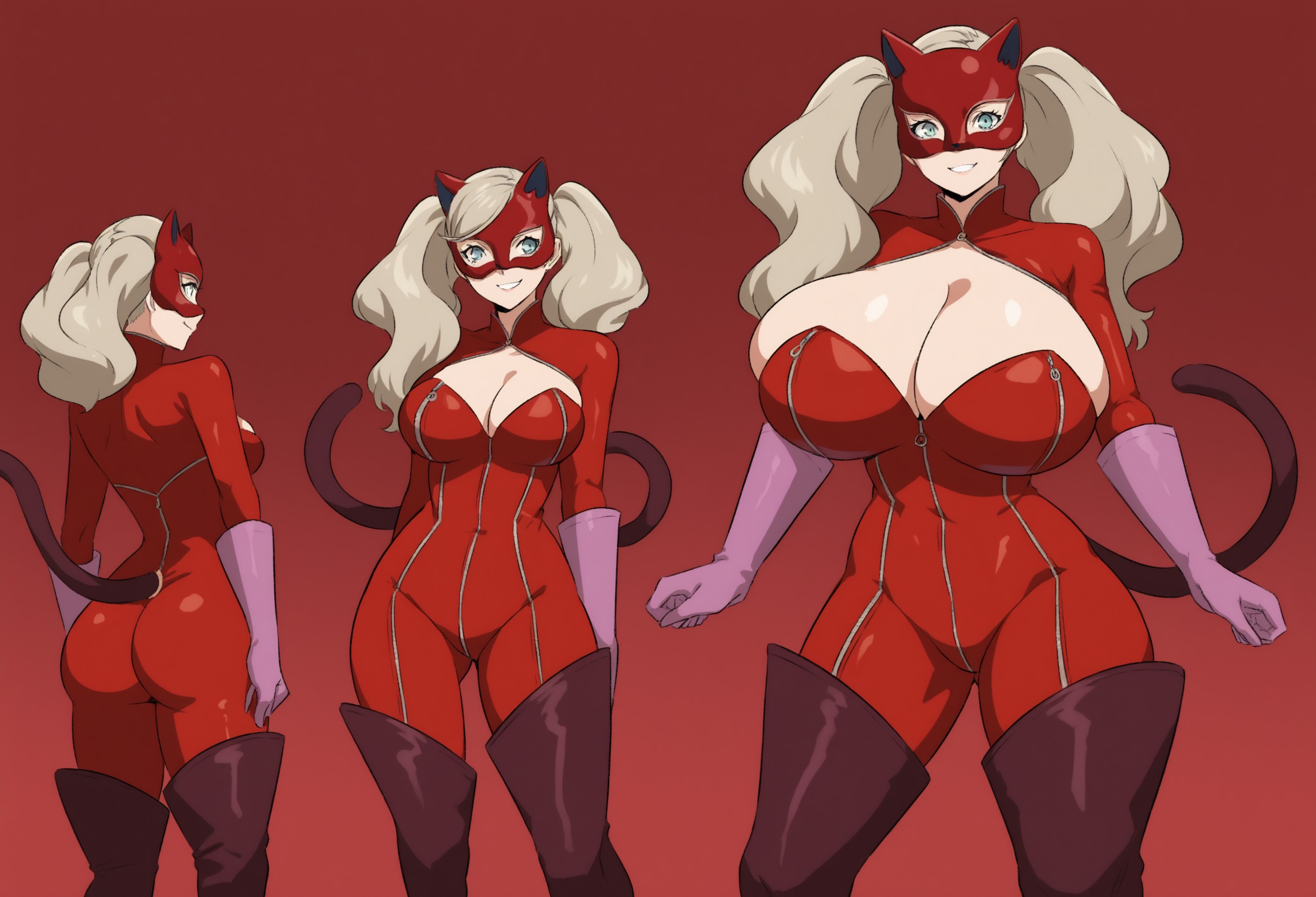 age progression, ai generated, anime, anime style, ann takamaki, ass expansion, atlus, before and after, blonde female, blonde hair, blue eyes, breast expansion, breast growth, breast growth (enlargement), breasts, busty female, cat tail, cleavage, cleavage cutout, clothing, detailed, detailed background, expansion, female, front view, growth, growth sequence, happy, height growth, height increase, hero, heroine, high resolution, latex, mask, masked female, megami tensei, open mouth, parted lips, persona, persona 5, persona 5 royal, sequence, shin megami tensei, skin tight, skintight, solo, solo focus, teeth, thunder thighs, thunderthighs, transformation, twintails