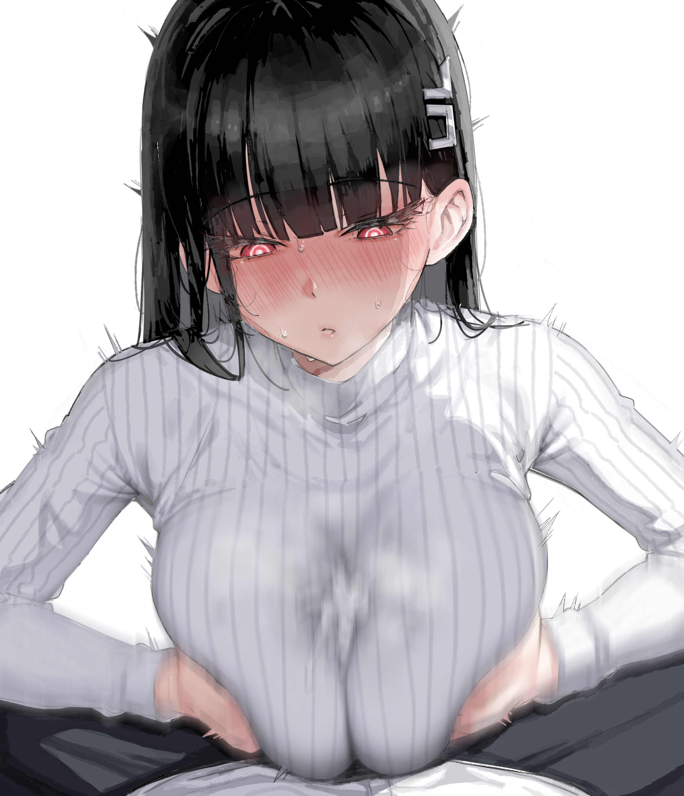1boy, absurdres, black hair, blue archive, blush, bouncing breasts, breasts, breasts squeezed together, bright pupils, commentary request, female, grabbing own breast, hair ornament, hairpin, heavy breathing, highres, large breasts, long hair, male, nose blush, paizuri, paizuri under clothes, pov, red eyes, rio (blue archive), shirt, simple background, straight, sweater, turtleneck, turtleneck sweater, very long hair, white background, white pupils, white shirt, white sweater, whyd5424