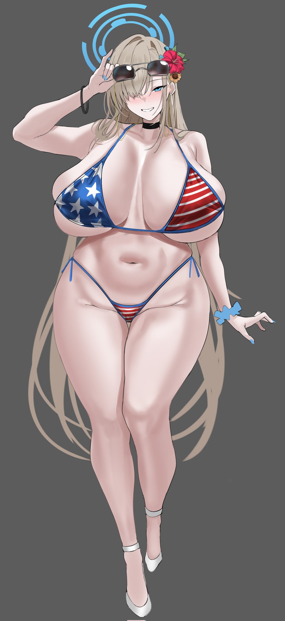 1girls, american flag, american flag bikini, asuna (blue archive), bikini, blue archive, breasts, female, female only, flag bikini, flag print, gigantic breasts, huge breasts, human, quanzidongziben, revealing clothes, skimpy, solo, solo female, standing, voluptuous